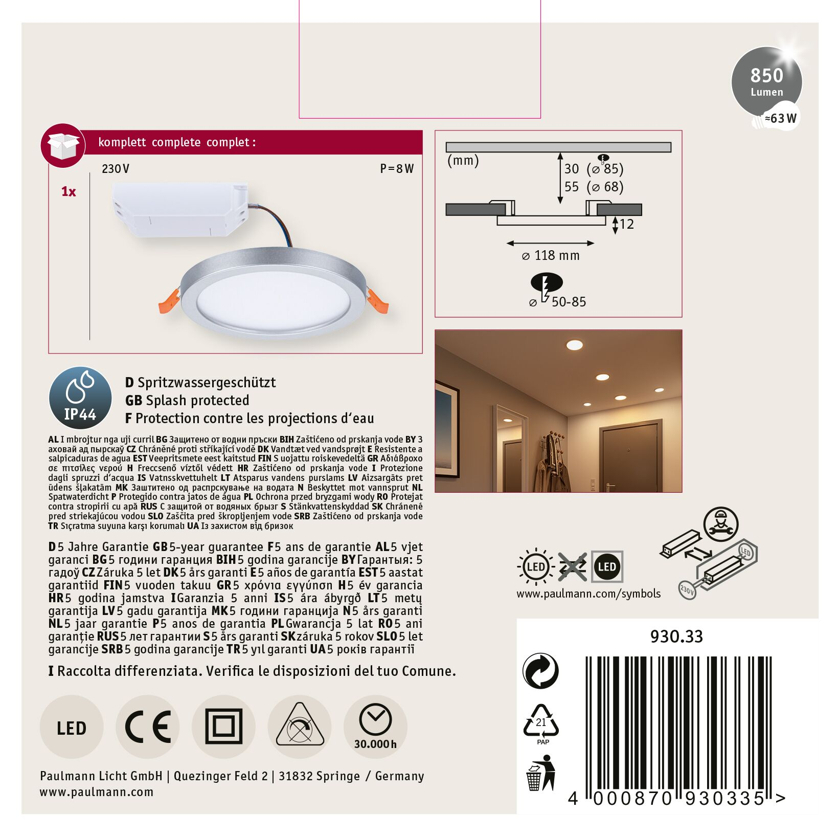 Weiße LED-Deckenleuchte mit Spezifikationen und Abmessungen auf weißem Hintergrund.
