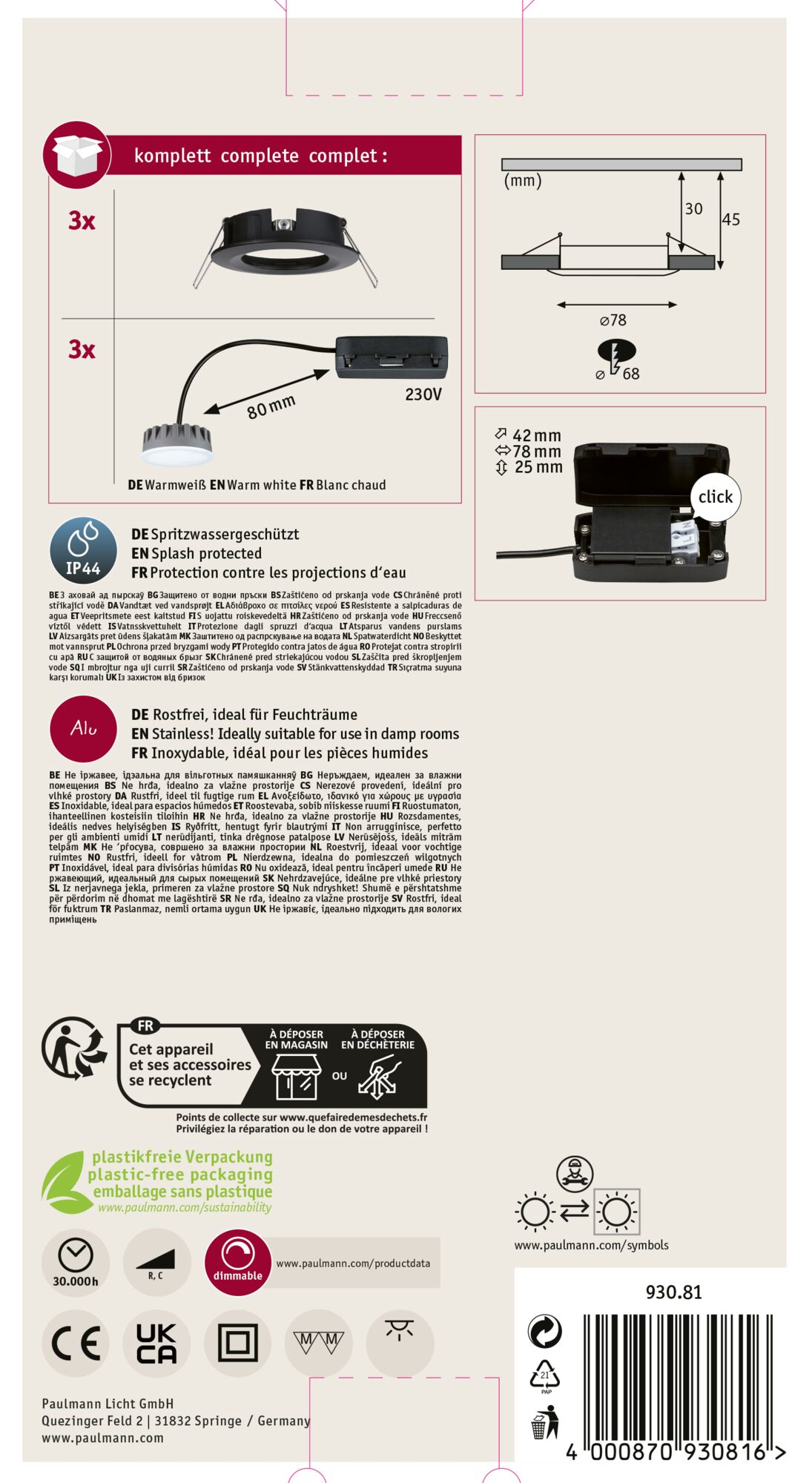 Obraz przedstawia szczegóły produktu, w tym oprawę oświetleniową, wymiary i tekst w wielu językach.