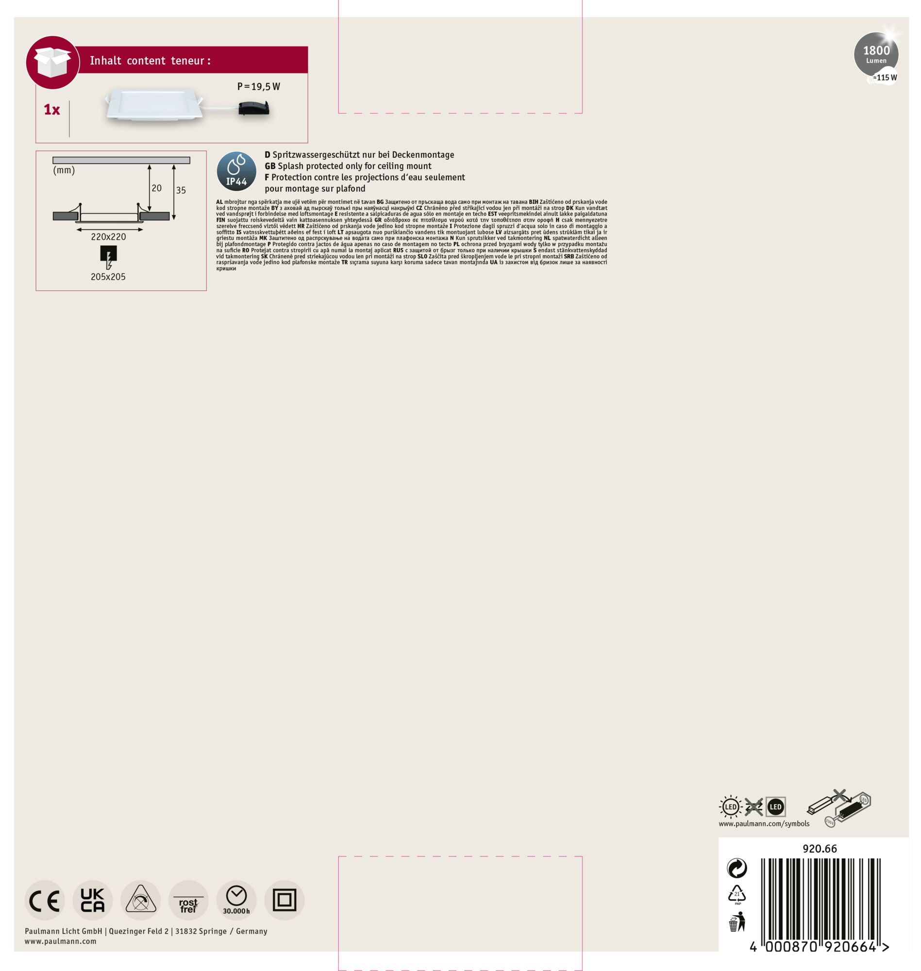 Schema di una plafoniera con dimensioni, grado IP44 e testo in più lingue.