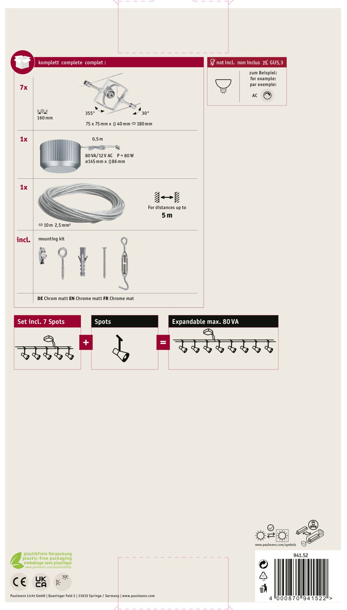 Détails du produit : lampes, câbles et kit de montage. Comprend les dimensions, la tension et d'autres spécifications. Info emballage incluse.
