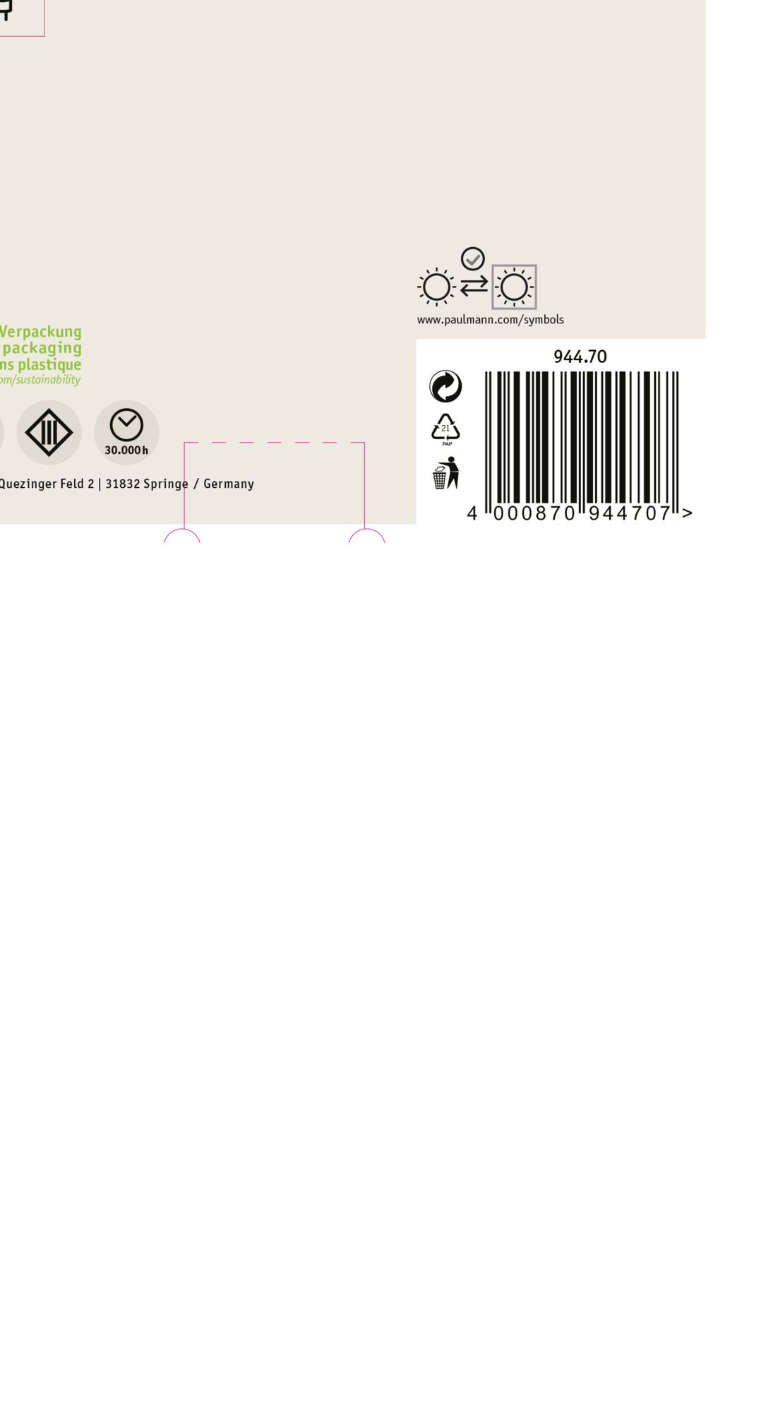 Ein Etikett mit Text und Symbolen. Enthält einen Barcode, Recyclingsymbole und Markeninformationen. Der Hintergrund ist weiß.