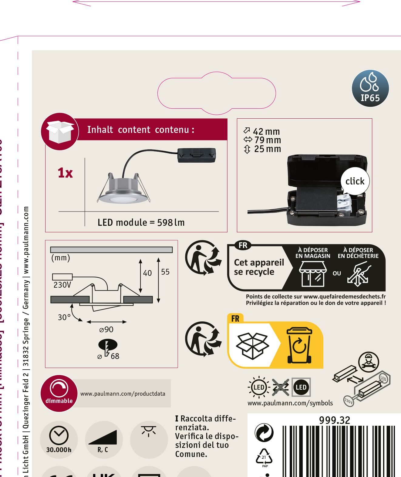 Diagramm einer LED-Leuchte mit Abmessungen und Recycling-Anweisungen, mit einem 'Klick'-Mechanismus. Enthält Produktdetails und Symbole.