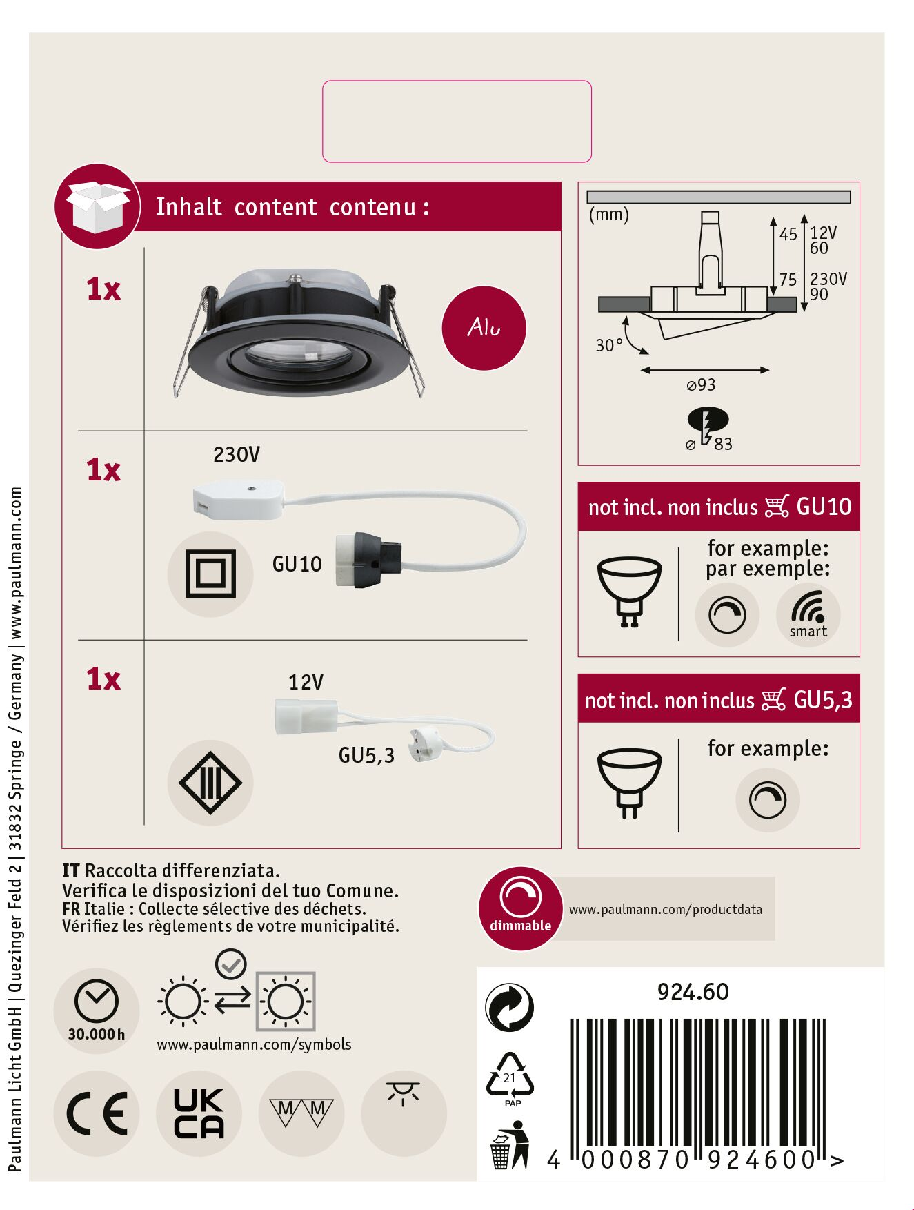 Opakowanie produktu z komponentami oświetleniowymi, schematami i etykietami wskazującymi napięcie, wymiary i symbole.