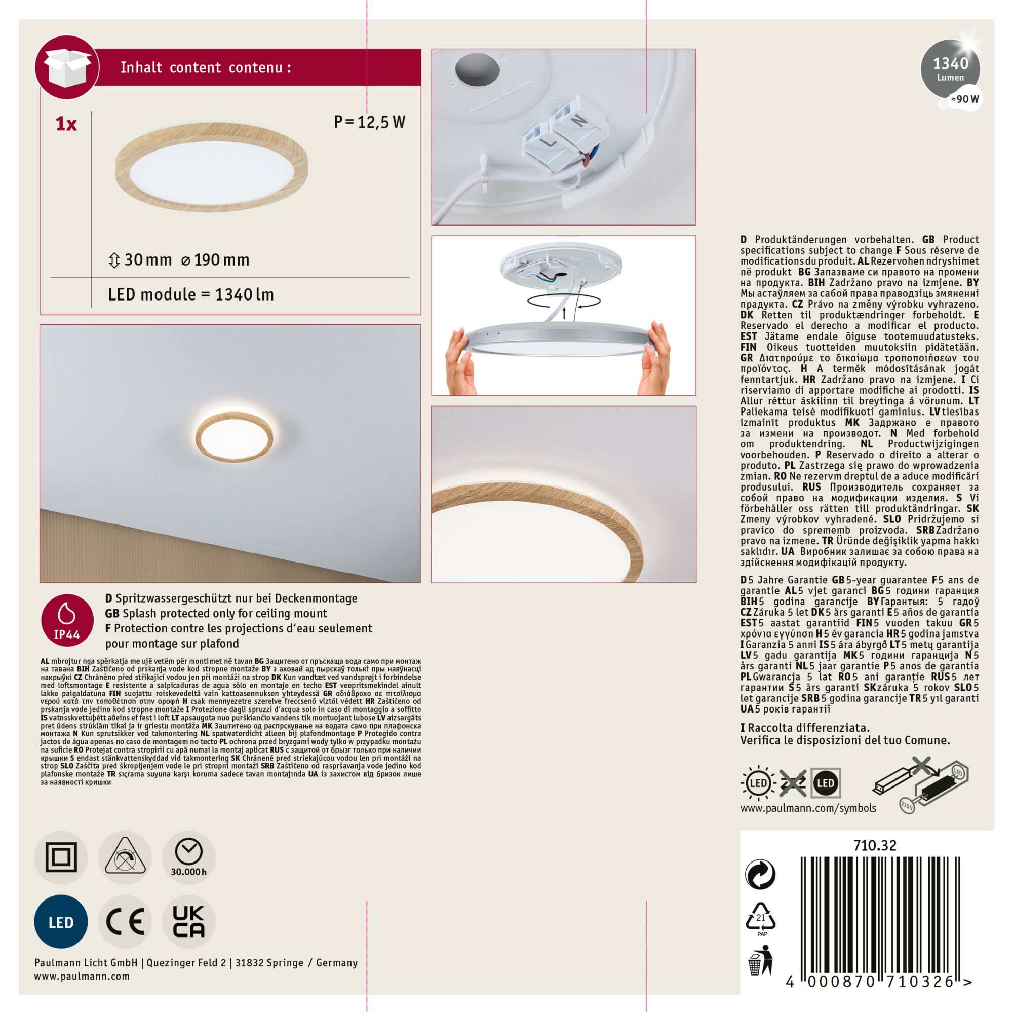 Biała lampa sufitowa LED z drewnianą obwódką, szczegóły produktu i symbole.