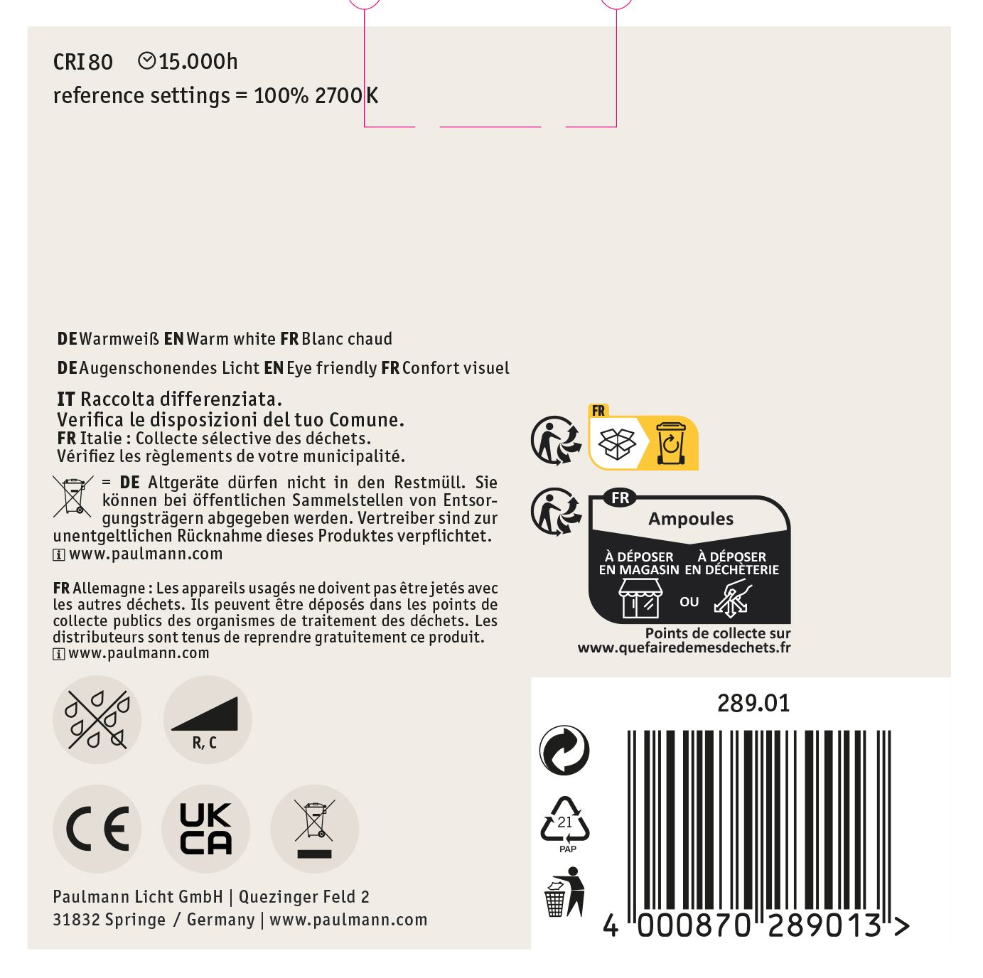 Etykieta produktu z tekstem w wielu językach, w tym niemieckim, francuskim i angielskim, ze symbolami recyklingu i kodem kreskowym.