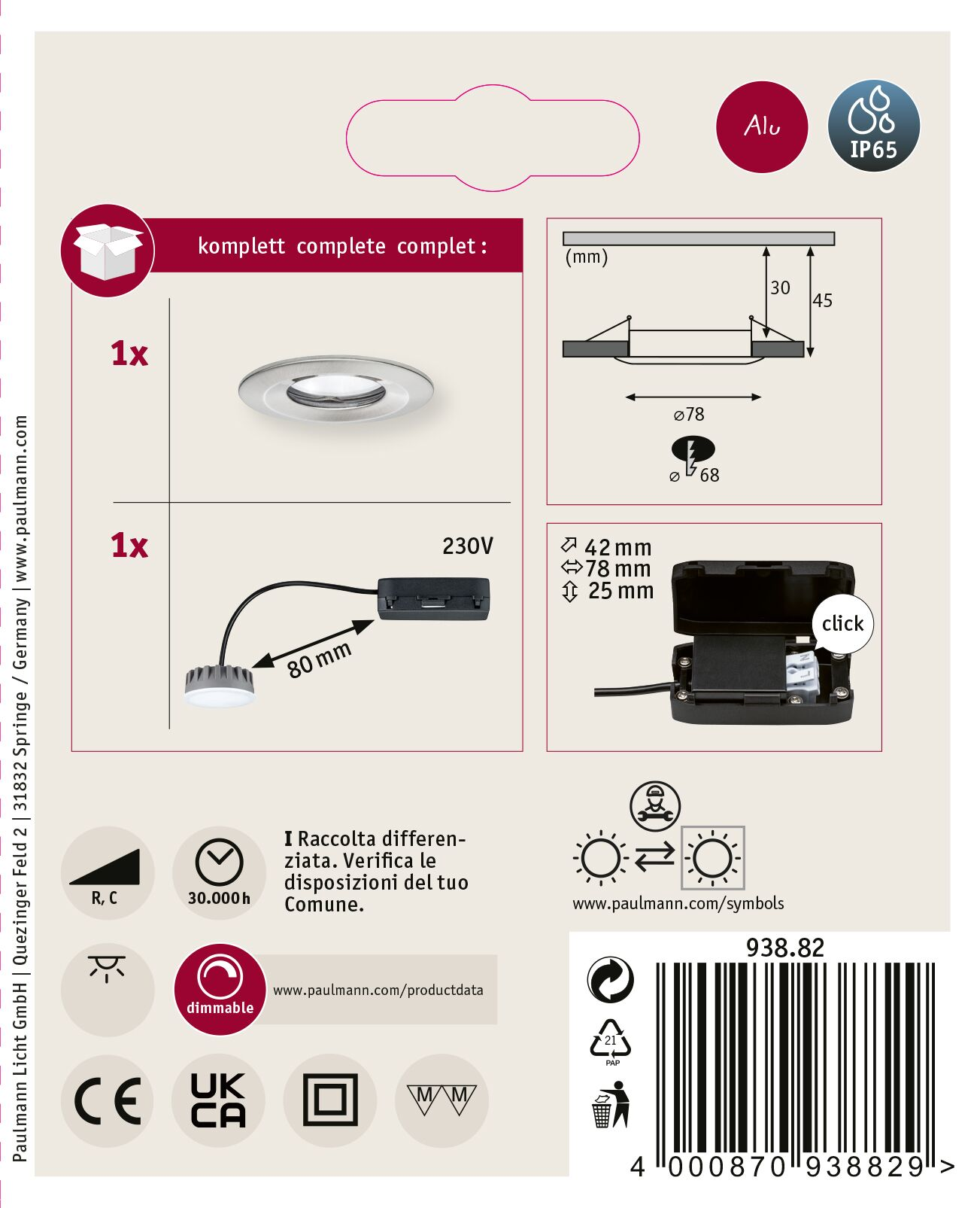 L'image présente un kit d'éclairage complet avec des schémas, des mesures et des symboles pour l'installation et l'utilisation. Il comprend les détails du produit.