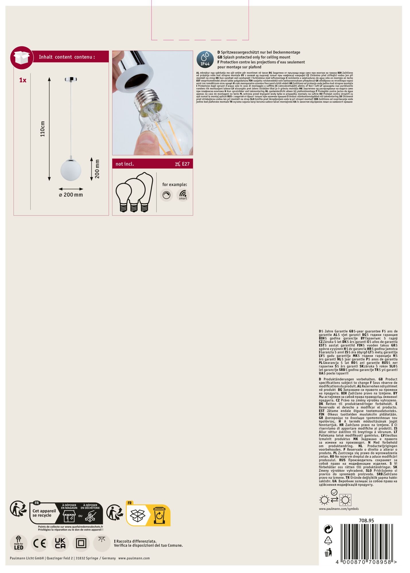 Weiße Pendelleuchte mit klarer Glühbirne, Produktdetails auf weißem Hintergrund.