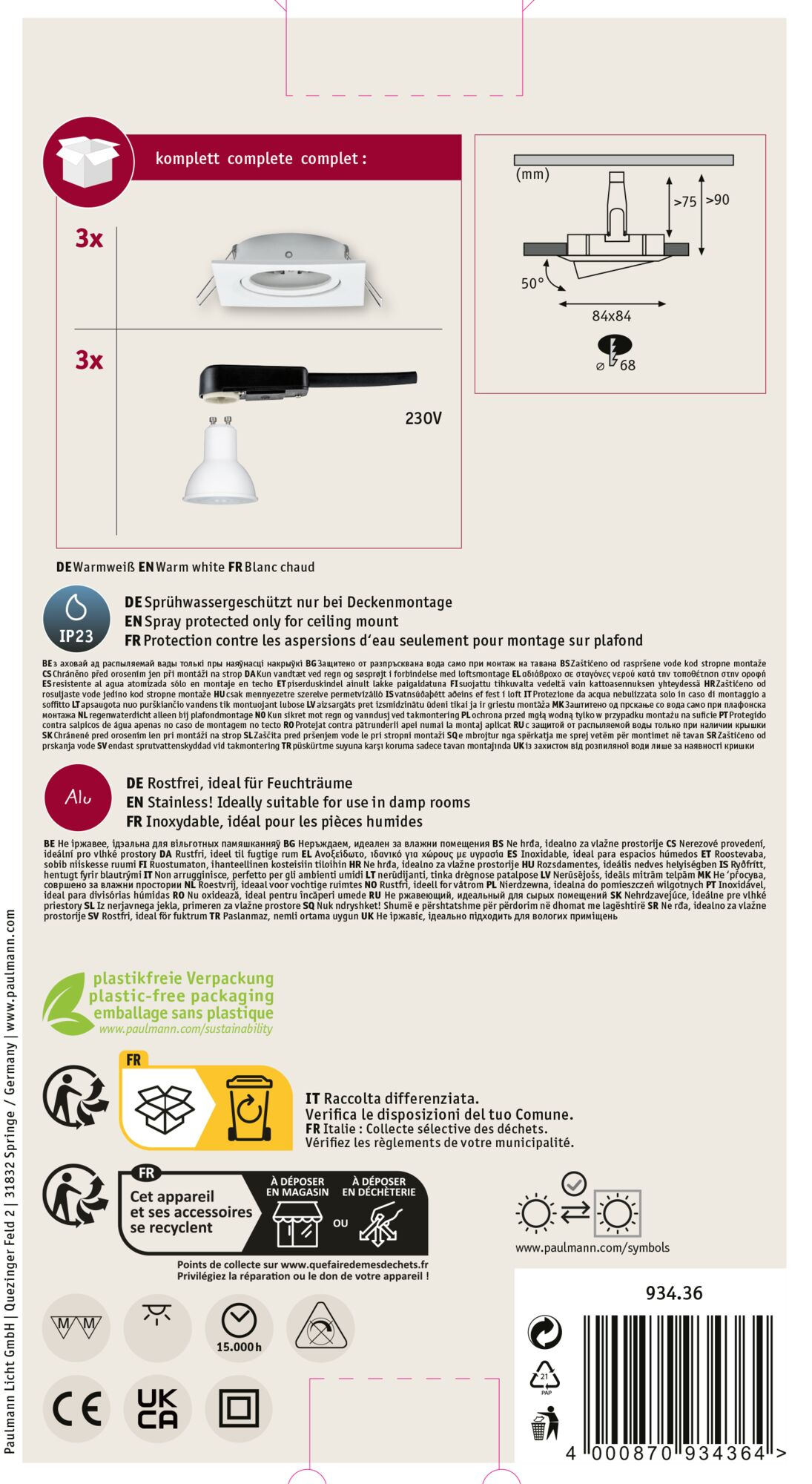 Produktverpackung mit Text und Diagrammen, einschließlich Leuchte, Recycling-Symbole und technische Daten.