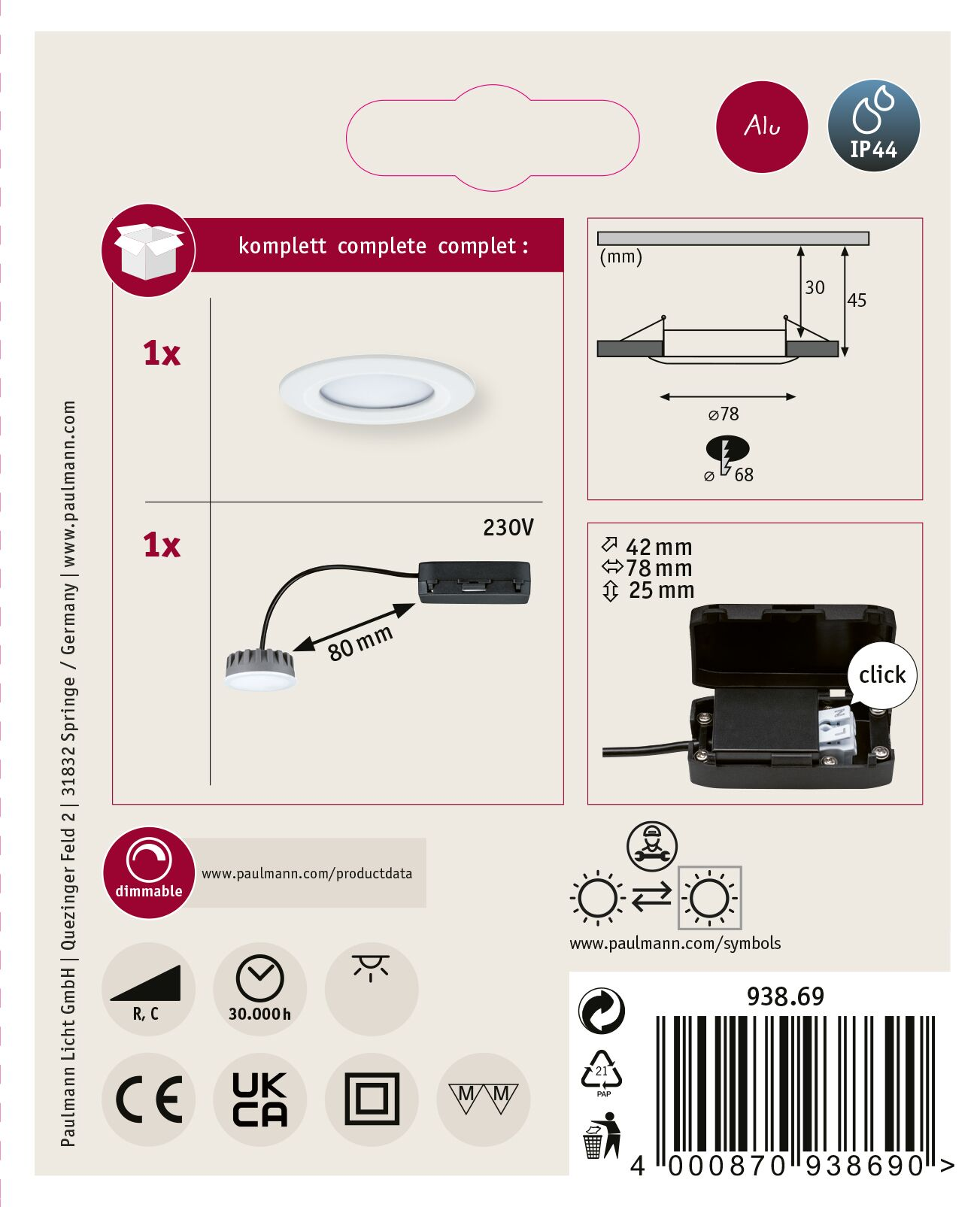 Un kit di luci a soffitto a LED bianche. Include luce, alimentatore e diagrammi. Caratteristiche Alu e IP44.