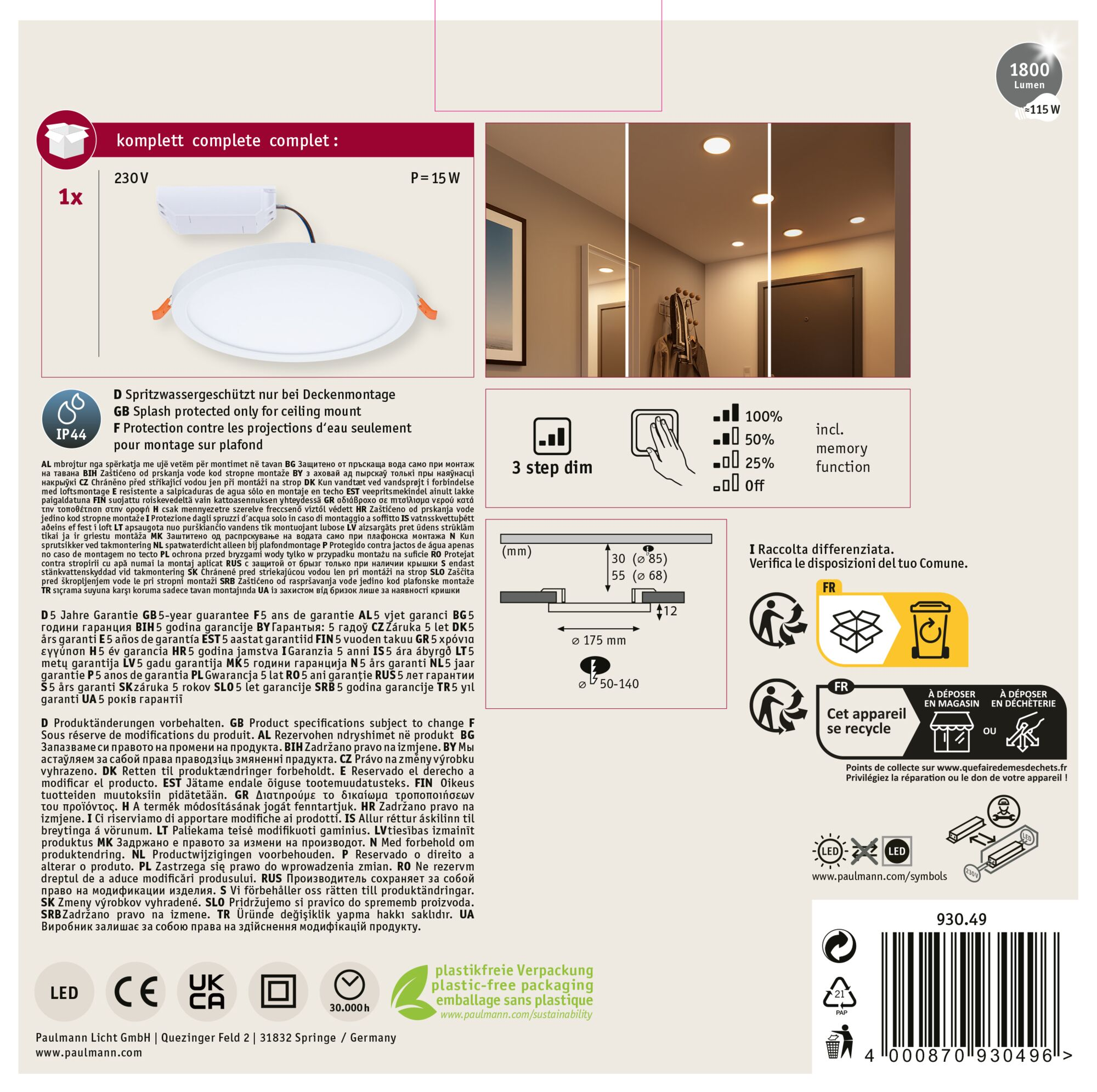 Karta informacyjna produktu z lampą sufitową, tekstem i ikonami.