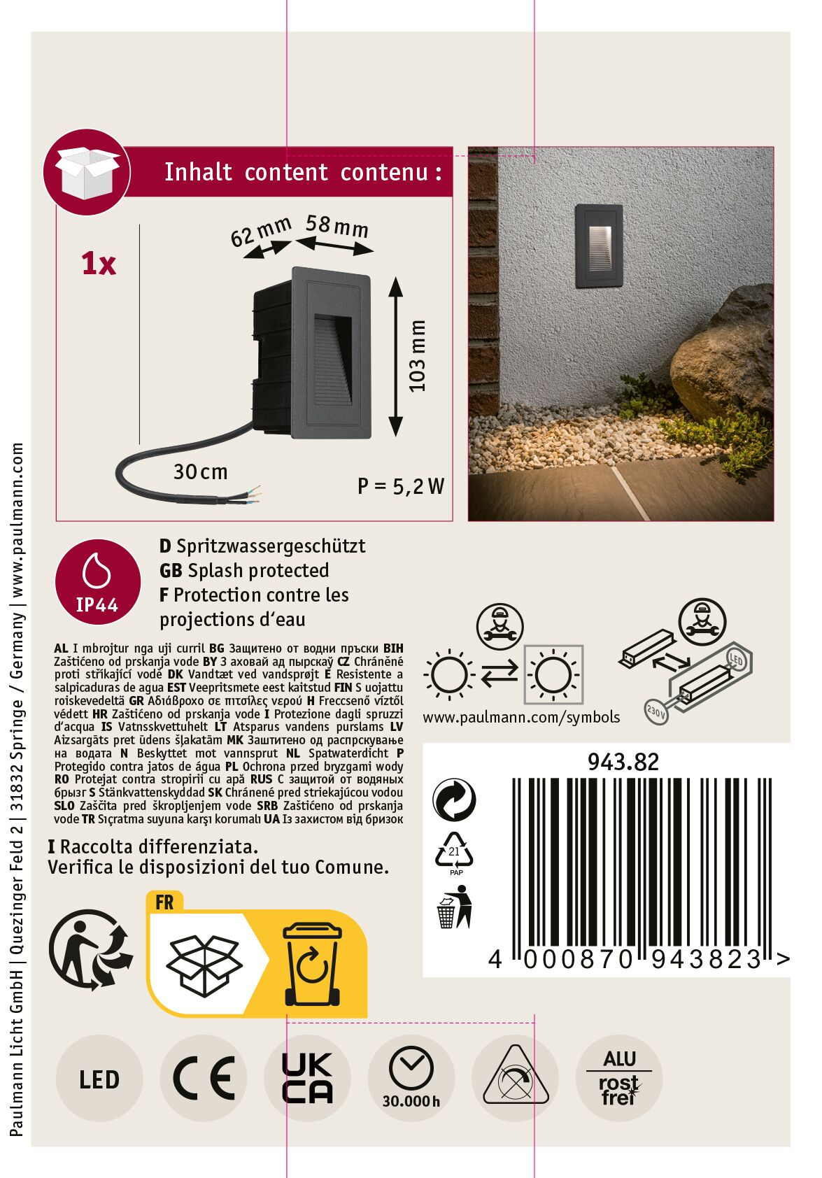 Etykieta produktu z czarną lampą, wymiarami i symbolami. Tekst zawiera 'Ochrona przed bryzgami wody' i info o recyklingu.