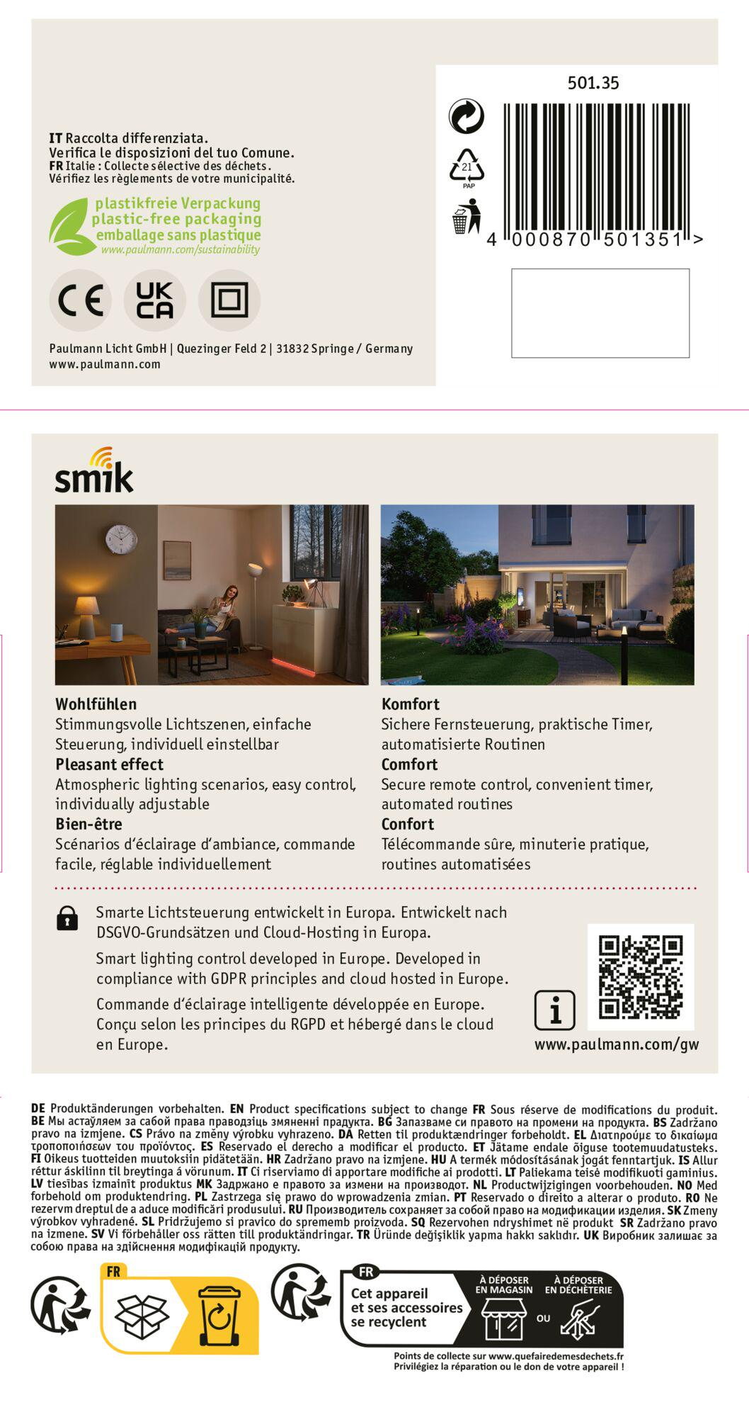 Opakowanie produktu z tekstem i logo, w tym symbole recyklingu i kod kreskowy.