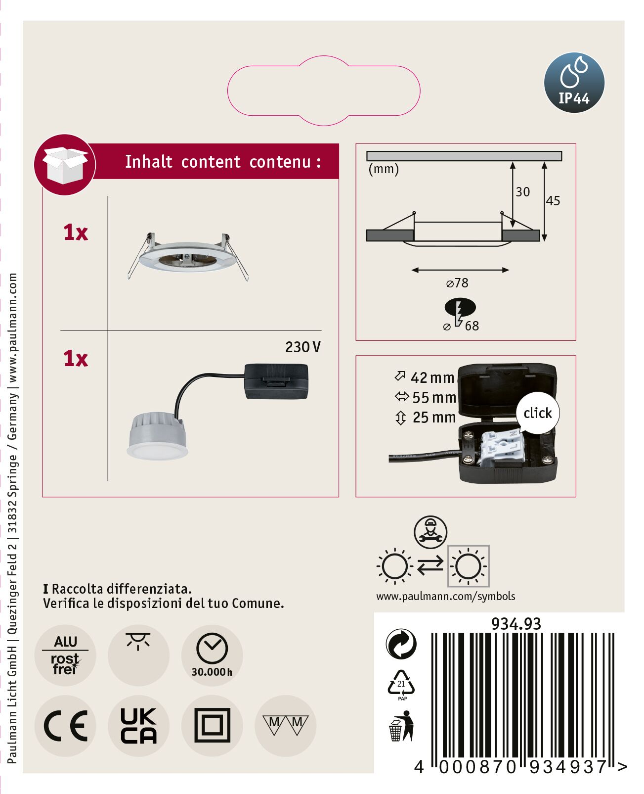 Produktbox mit Deckenstrahler und Stecker. Enthält Diagramme, Abmessungen und Symbole für Recycling und Produktspezifikationen.