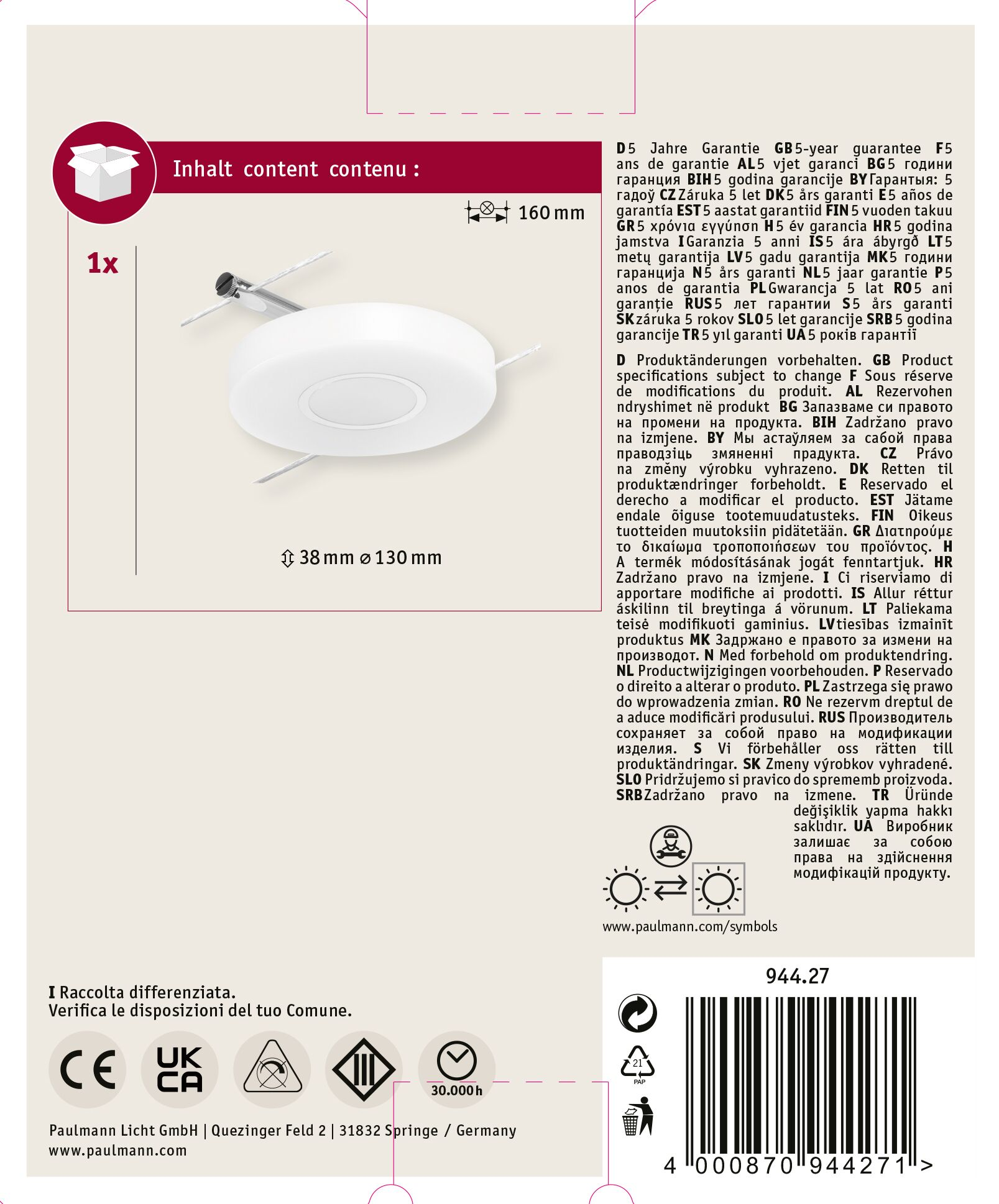 Biała lampa sufitowa z przewodami, info o produkcie i etykiety na jasnobeżowym tle.