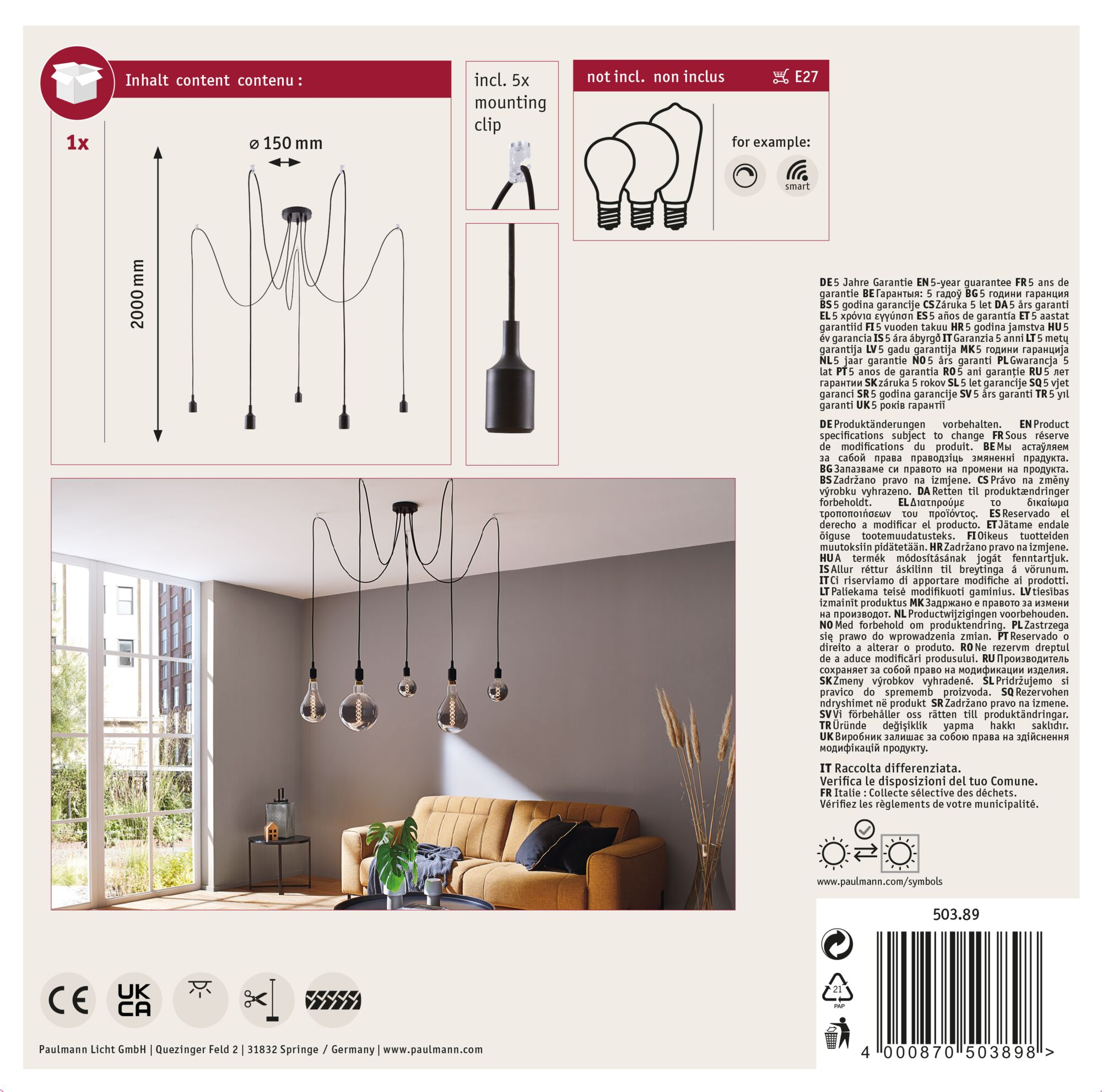 Un panneau d'informations sur le produit montre une lampe suspendue, les détails de la garantie et des symboles de recyclage.