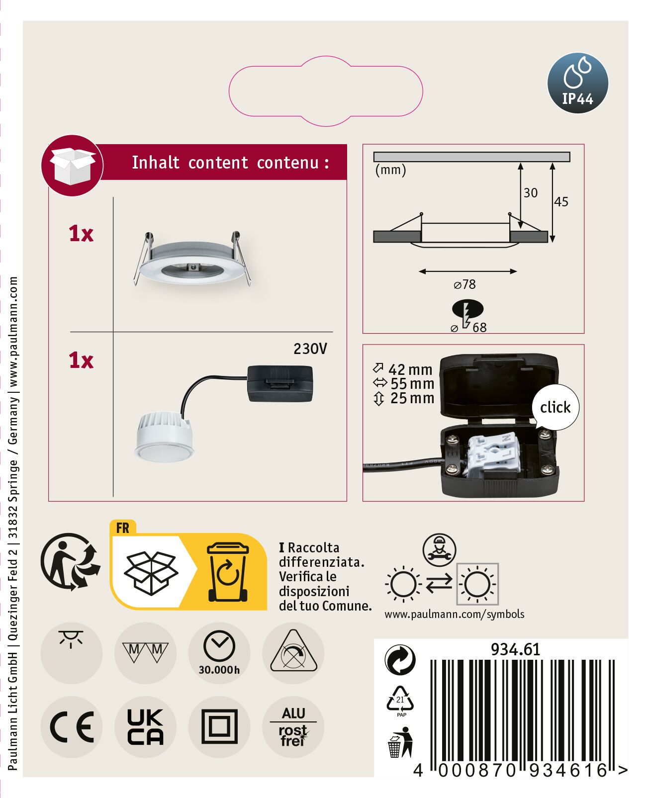 Produktverpackung mit Einbaustrahler, Diagramm und Symbolen. Enthält Abmessungen, Spannung und Recyclinghinweise.