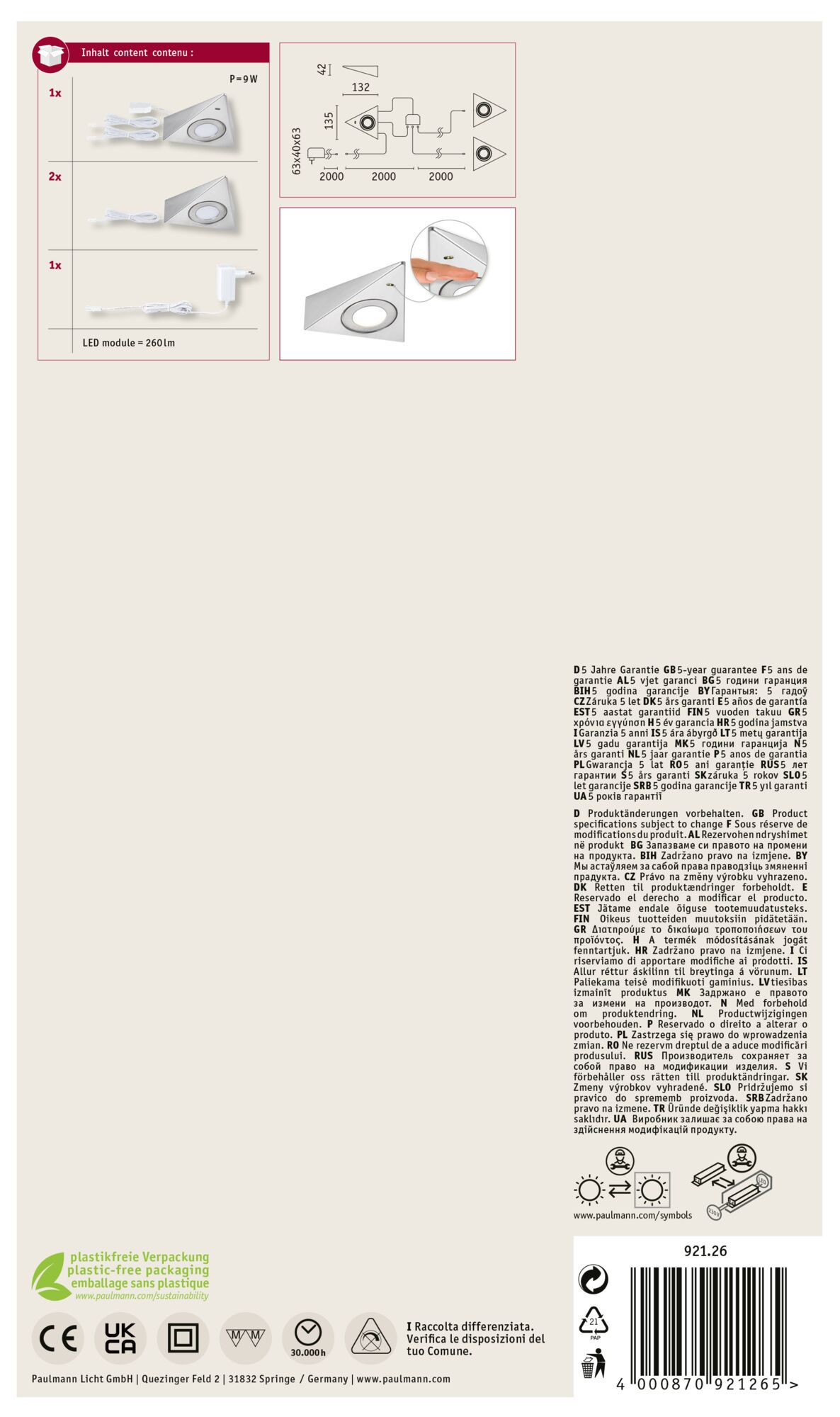 Diagramm mit LED-Leuchten, Spezifikationen und Garantieinformationen mit Logos und Text.