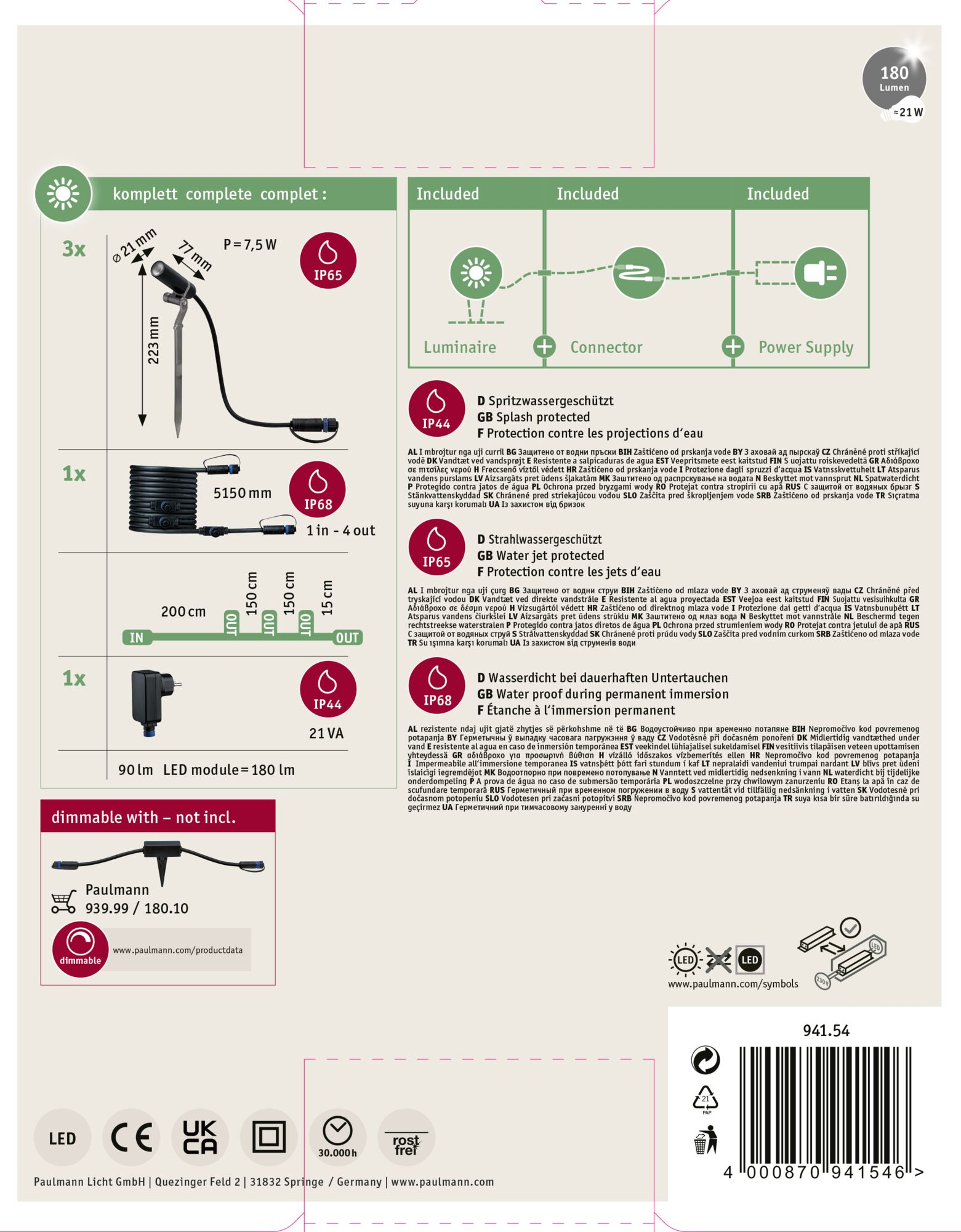 Schemat systemu oświetleniowego z komponentami, specyfikacjami i symbolami.