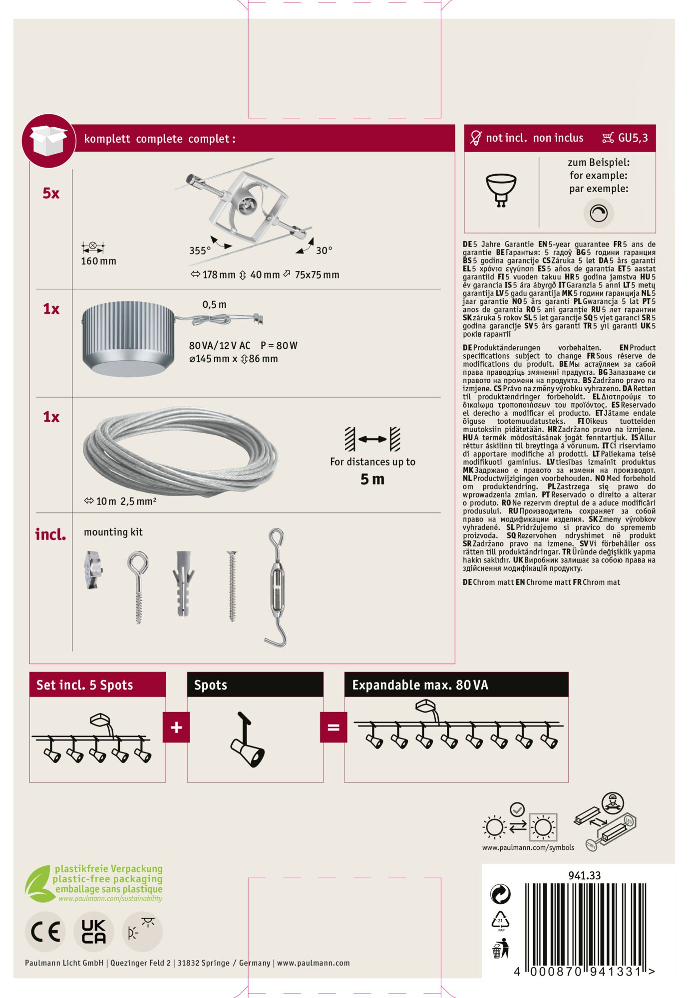 Boîte de produit avec composants lumineux, y compris spots et kit de montage. Textes et symboles présents.