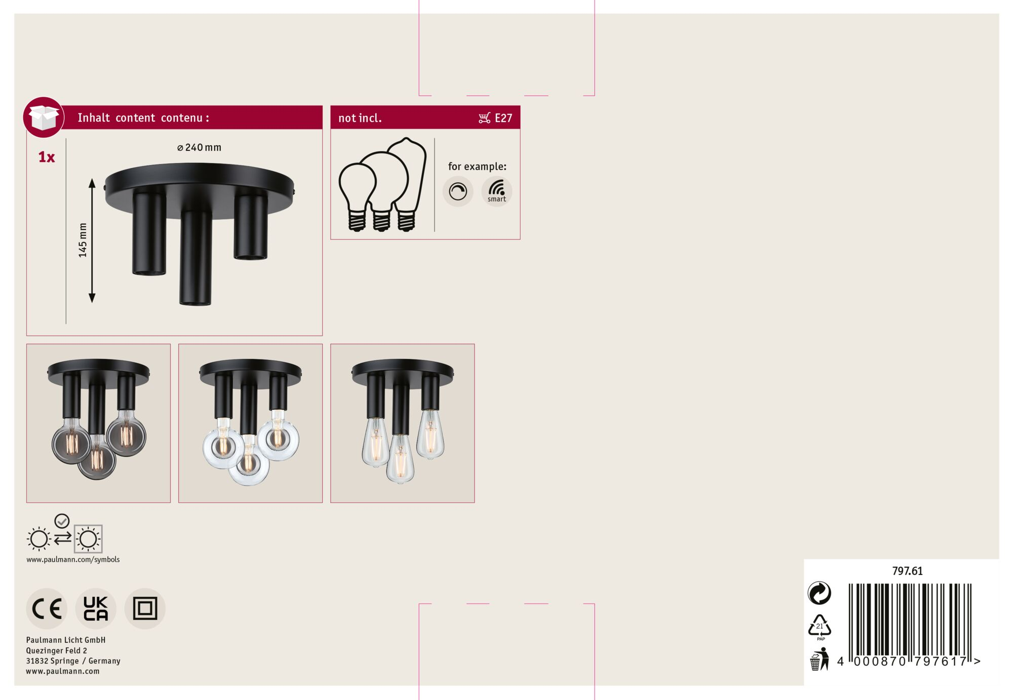Un lampadario nero con tre portalampada rivolti verso il basso e tre illustrazioni di lampadine.