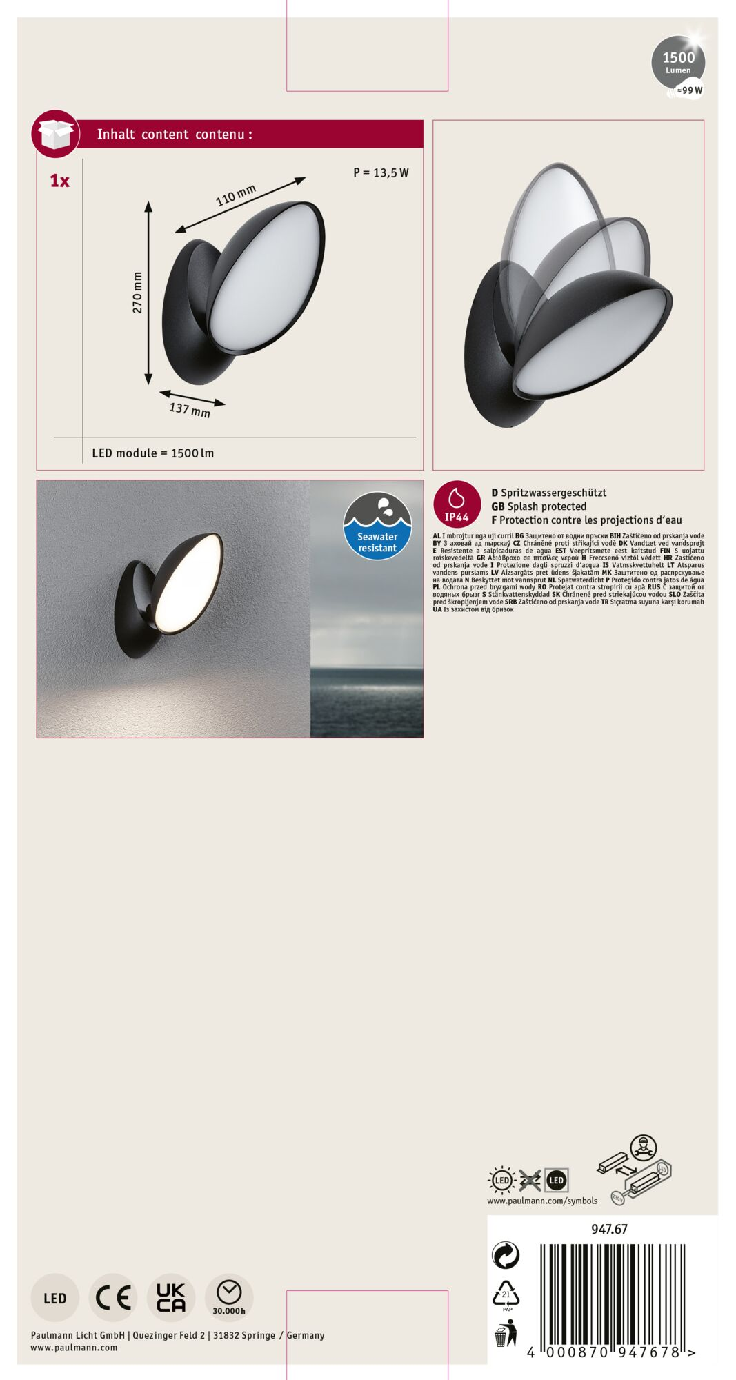 Biała lampa LED z czarną ramą, wymiary są pokazane. Odporna na wodę morską i certyfikat IP44.