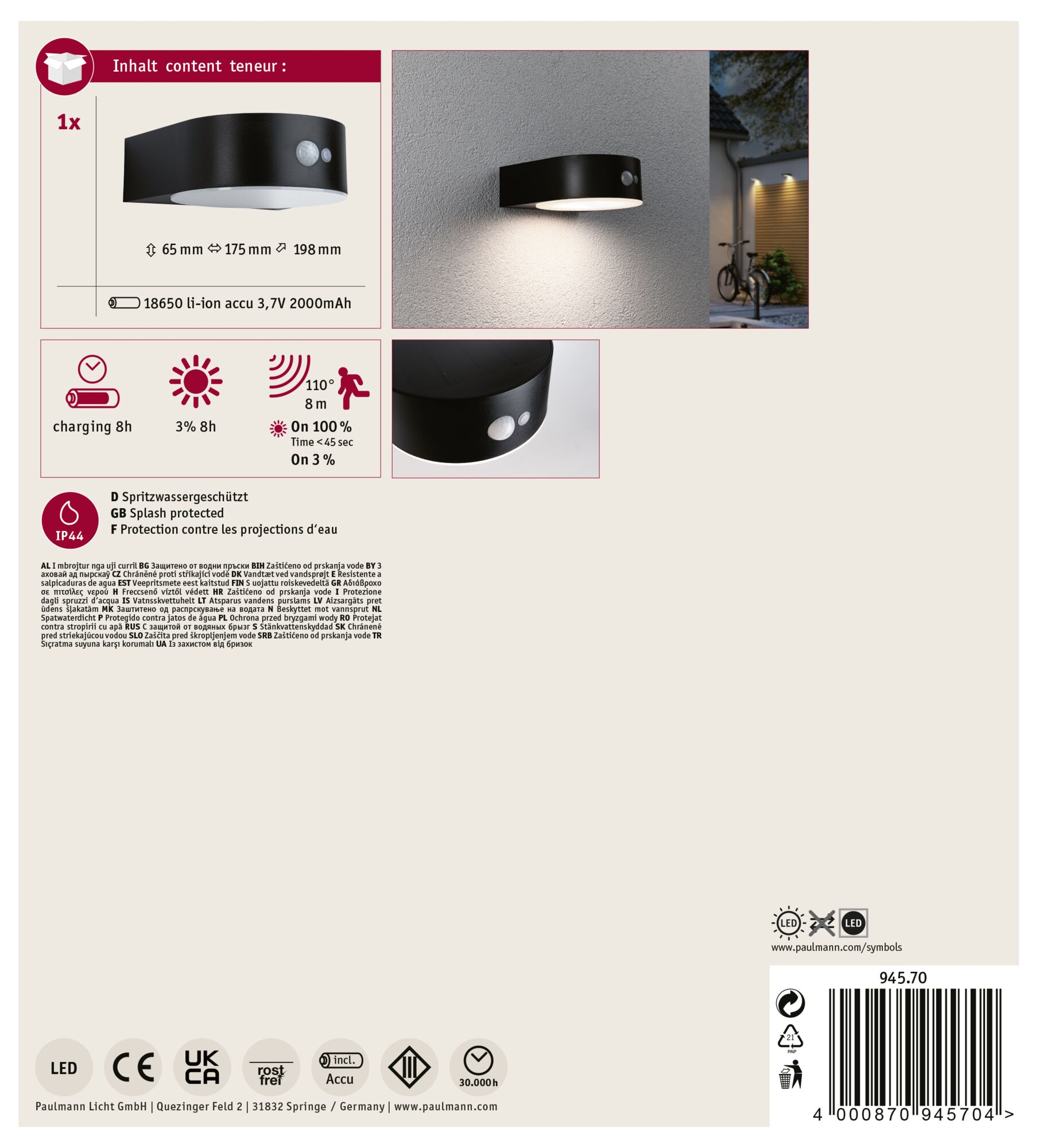 Czarna lampa zewnętrzna z czujnikiem ruchu. Specyfikacje obejmują wymiary i szczegóły baterii. Na białym tle.