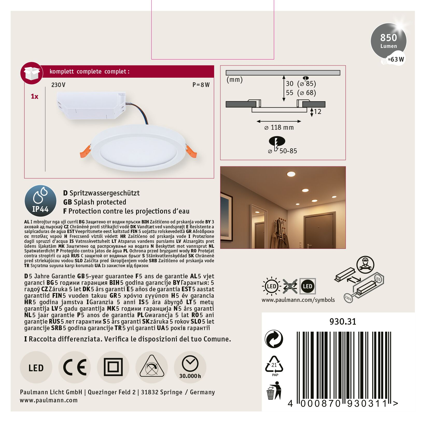 Produktetikett mit LED-Grafik, Abmessungen und Garantieinformationen.