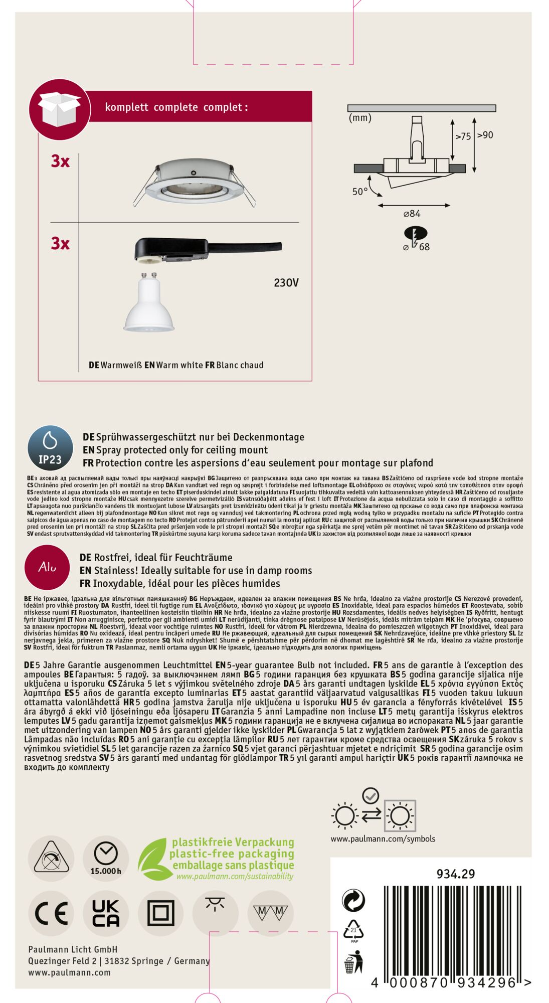 Das Bild zeigt eine Produktverpackung mit drei Lampen und technischen Details.
