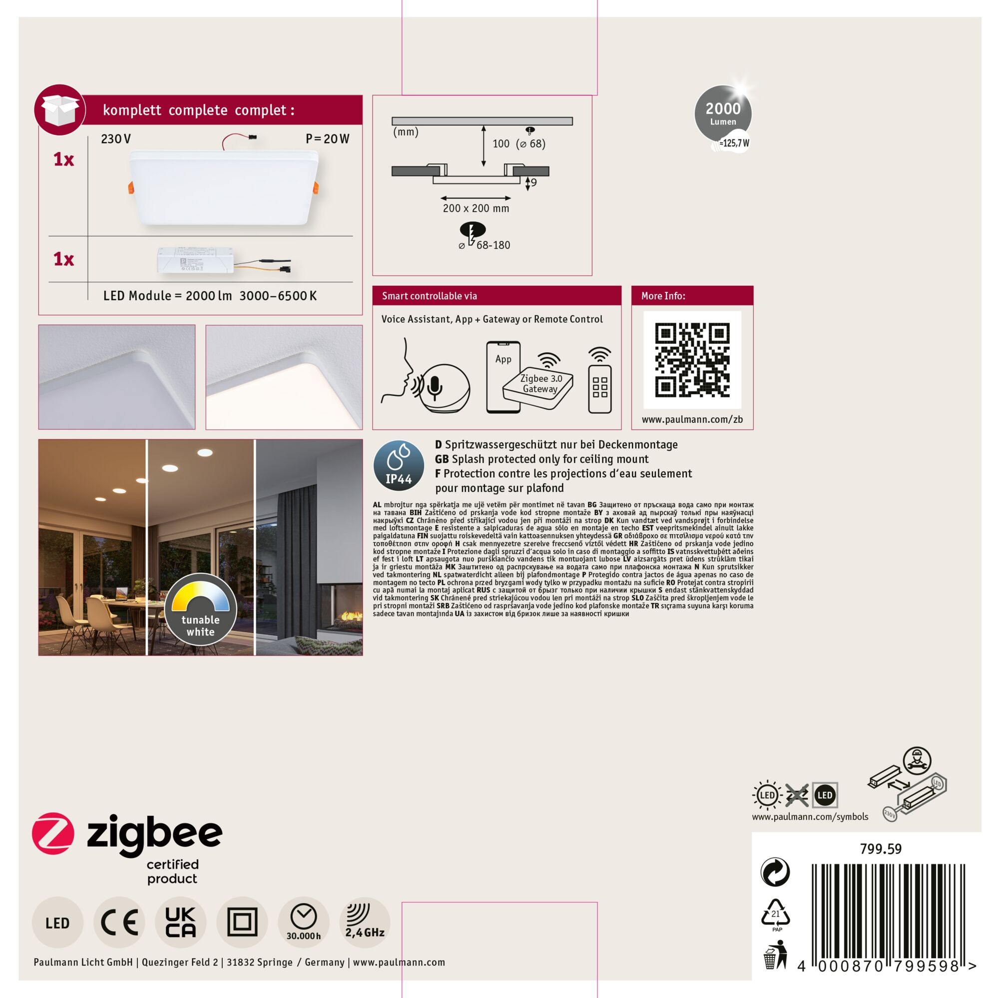 Biała lampa sufitowa LED z wymiarami, napięciem i szczegółami mocy. Zawiera logo certyfikowane Zigbee.