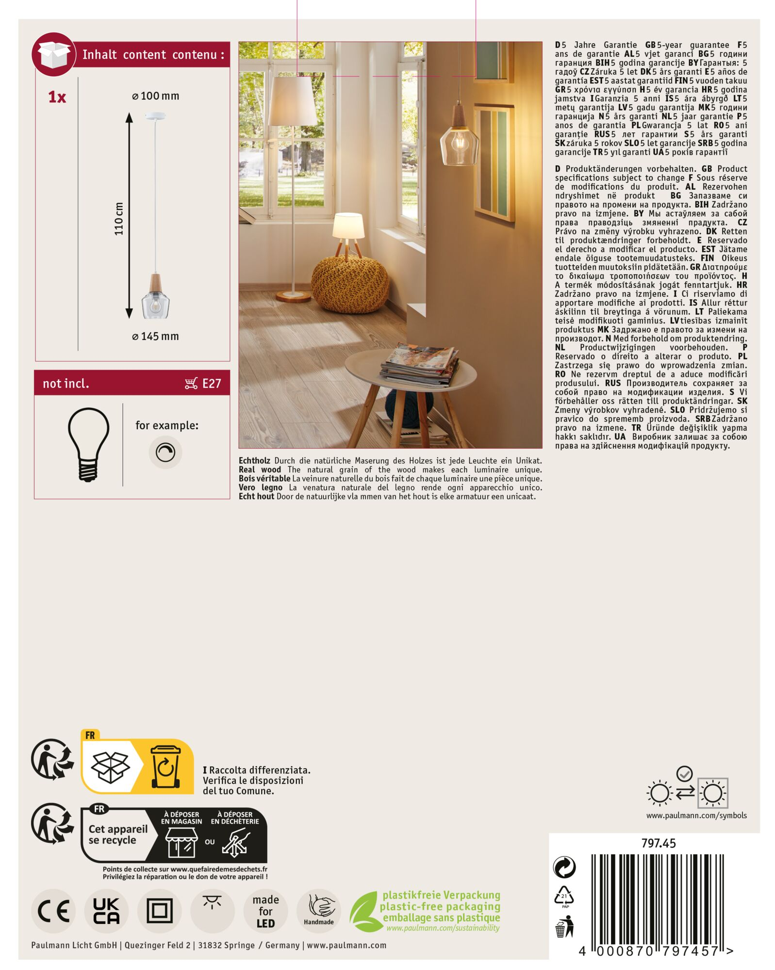 L'immagine mostra una lampada a sospensione, dettagli dell'imballaggio e simboli di riciclaggio. La lampada è appesa e l'imballaggio è visibile.