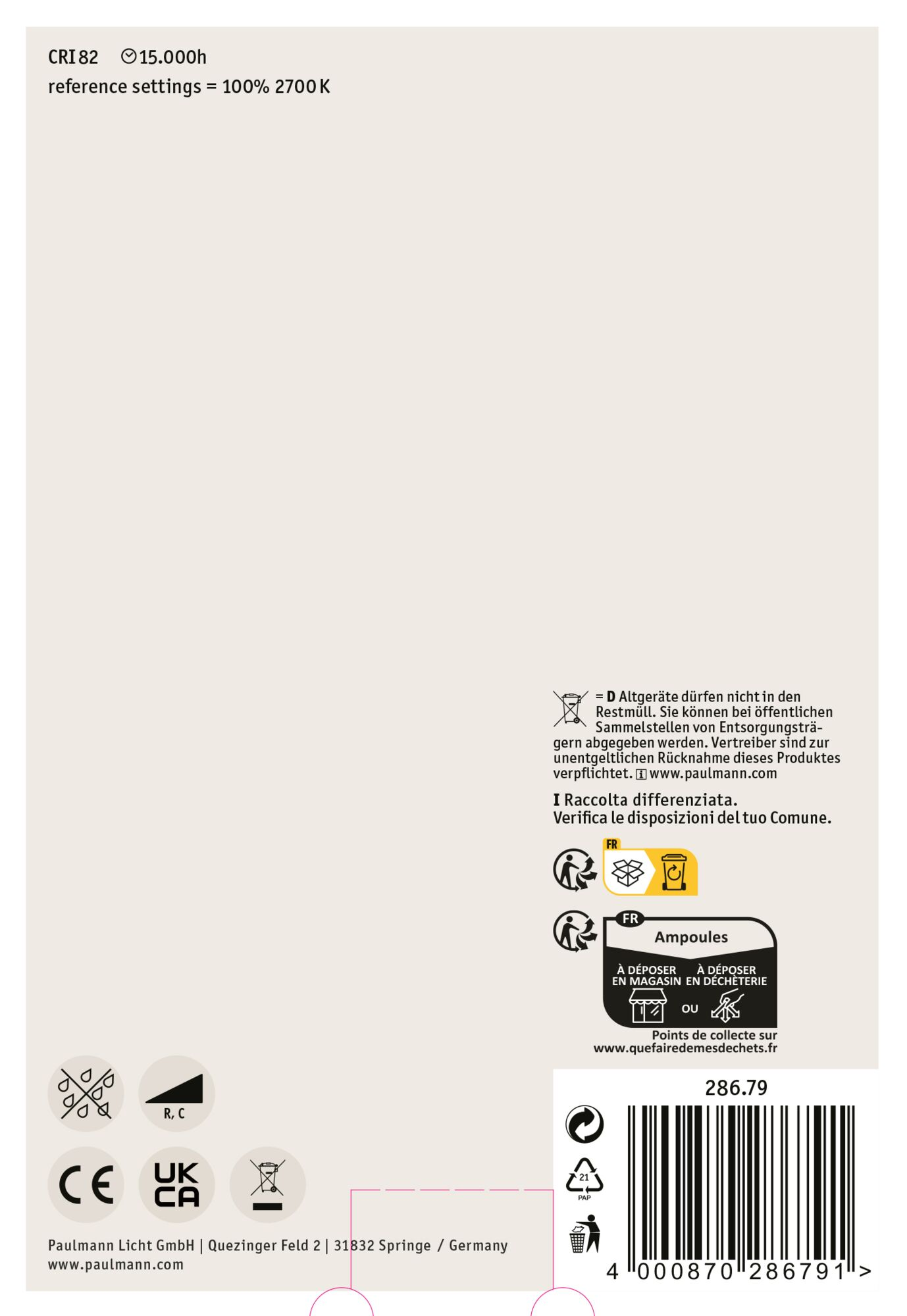 Opakowanie produktu z tekstem i symbolami, w tym instrukcje dotyczące recyklingu, specyfikacje produktu i kod kreskowy.