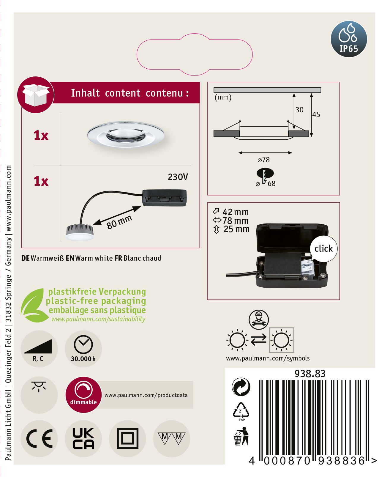 Una confezione di prodotto mostra una luce da soffitto, dimensioni e simboli. Il testo include 'Bianco caldo', 'dimmerabile' e 'imballaggio senza plastica'.