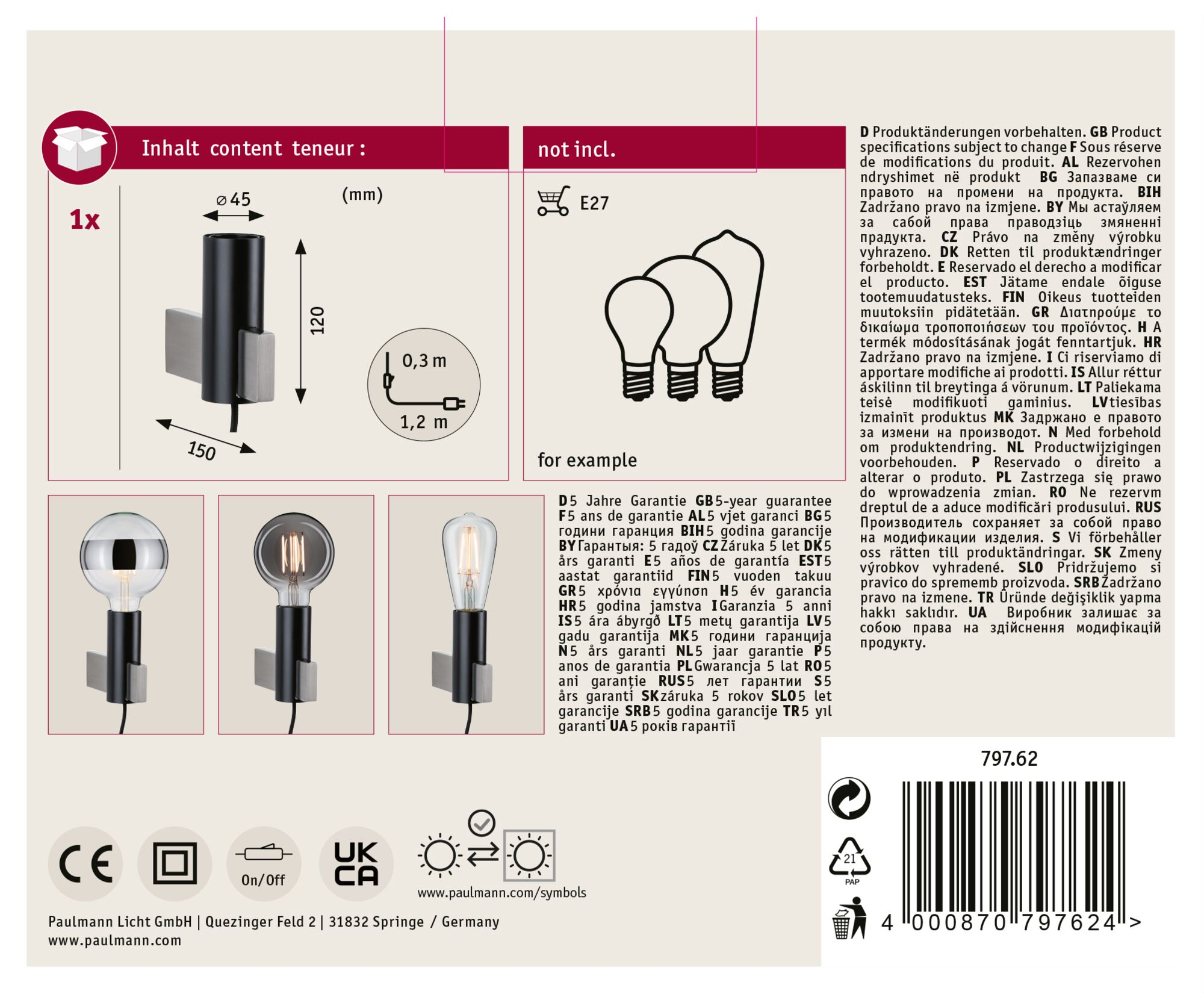 Ein Produktetikett mit Lampe, Lampenhalter und Text in verschiedenen Sprachen.