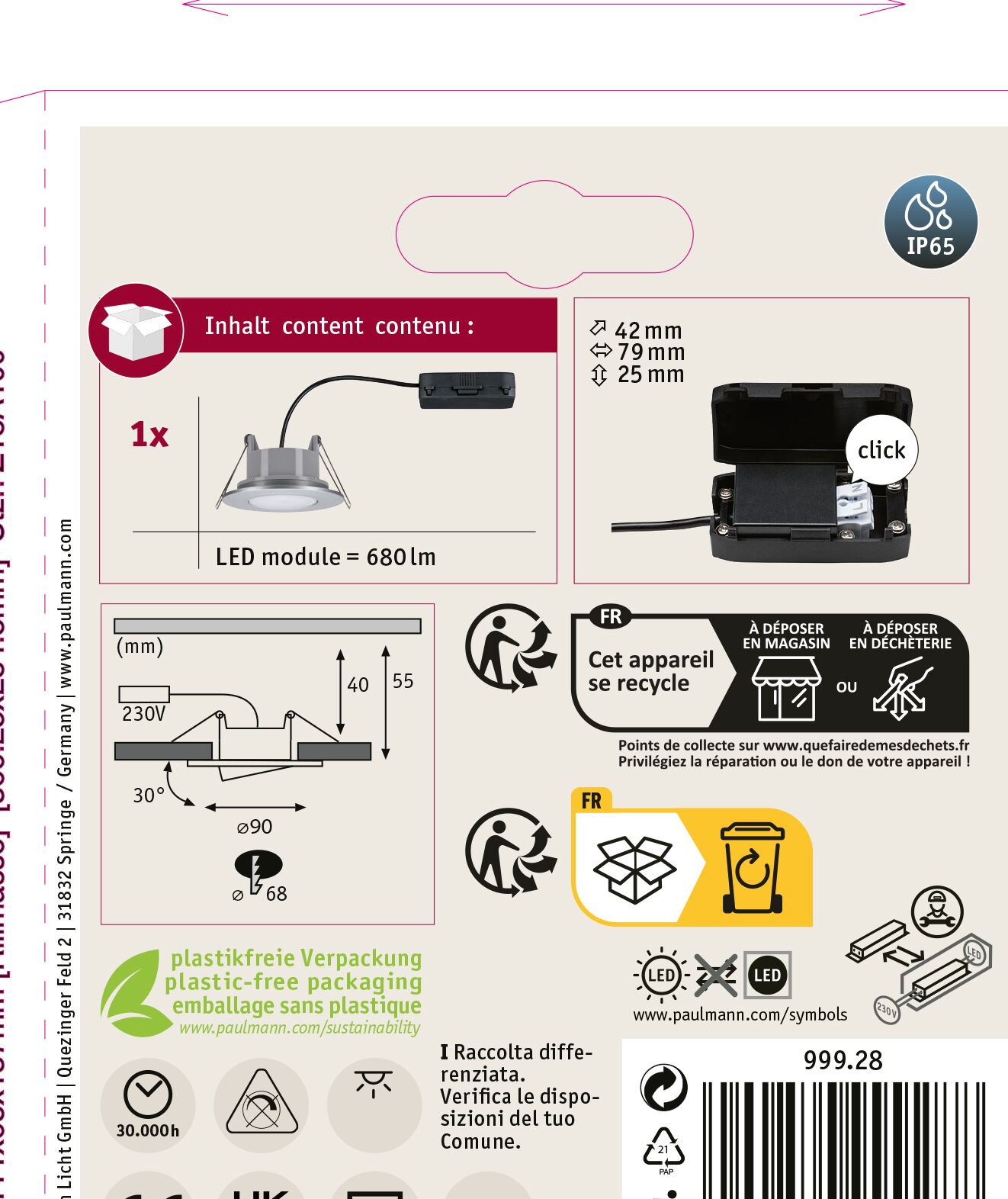 Verpackung mit LED-Modul, Abmessungen, Recyclingsymbolen und technischen Details. Text auf Deutsch, Französisch und Italienisch.