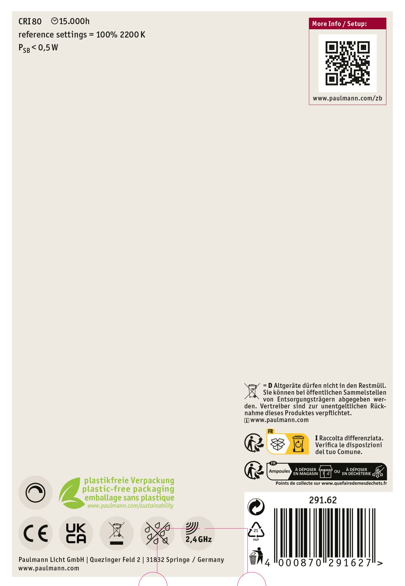 Produktinfo mit Text, Symbolen und QR-Code. Enthält Recyclinganweisungen und einen Barcode. Es hat plastikfreie Verpackung.