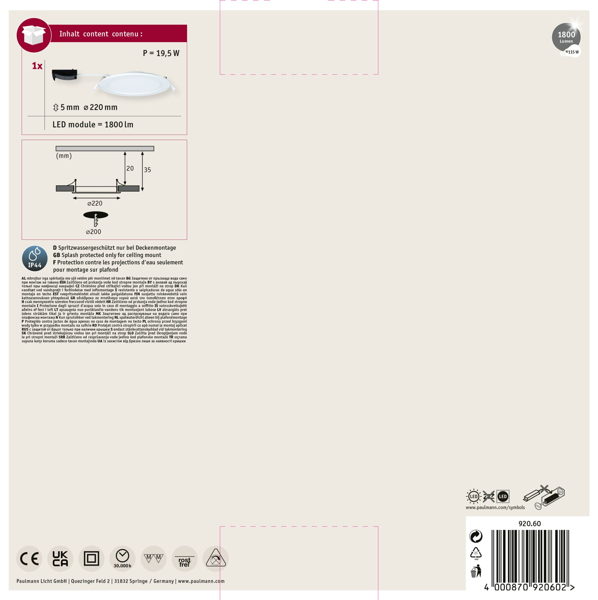 Das Bild zeigt eine Deckenleuchte mit technischen Daten und Sicherheitsinformationen.