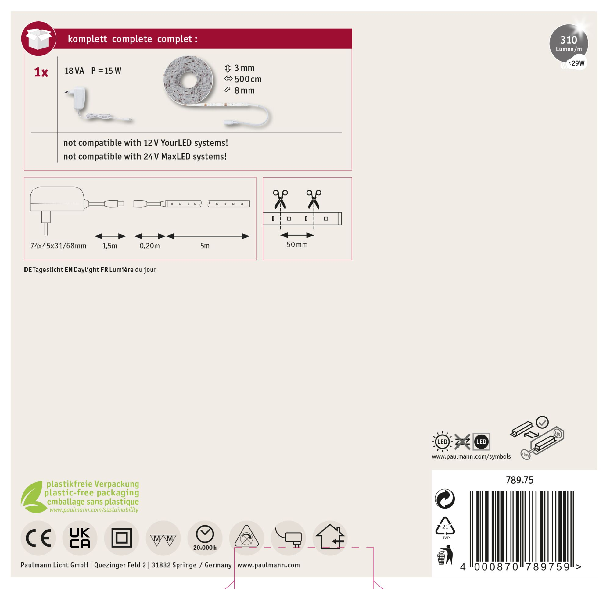 Obraz przedstawia szczegóły produktu paska LED, w tym wymiary, moc i ostrzeżenia.