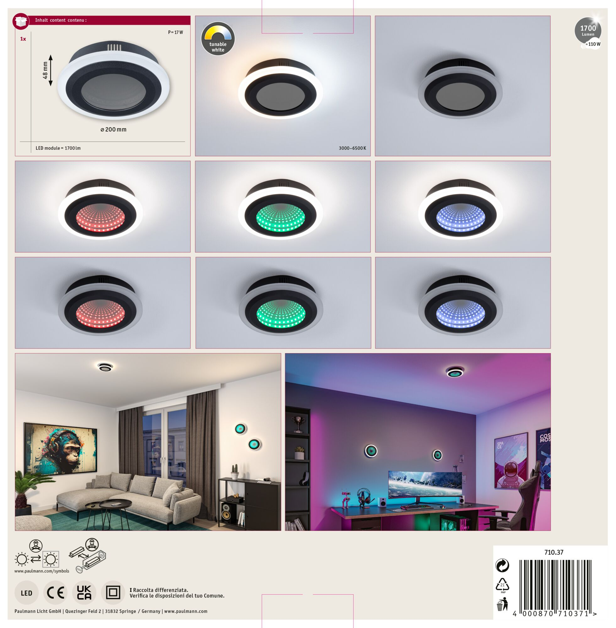 Obraz przedstawia lampę sufitową z różnymi opcjami kolorów światła i dwa pokoje z zainstalowaną lampą.