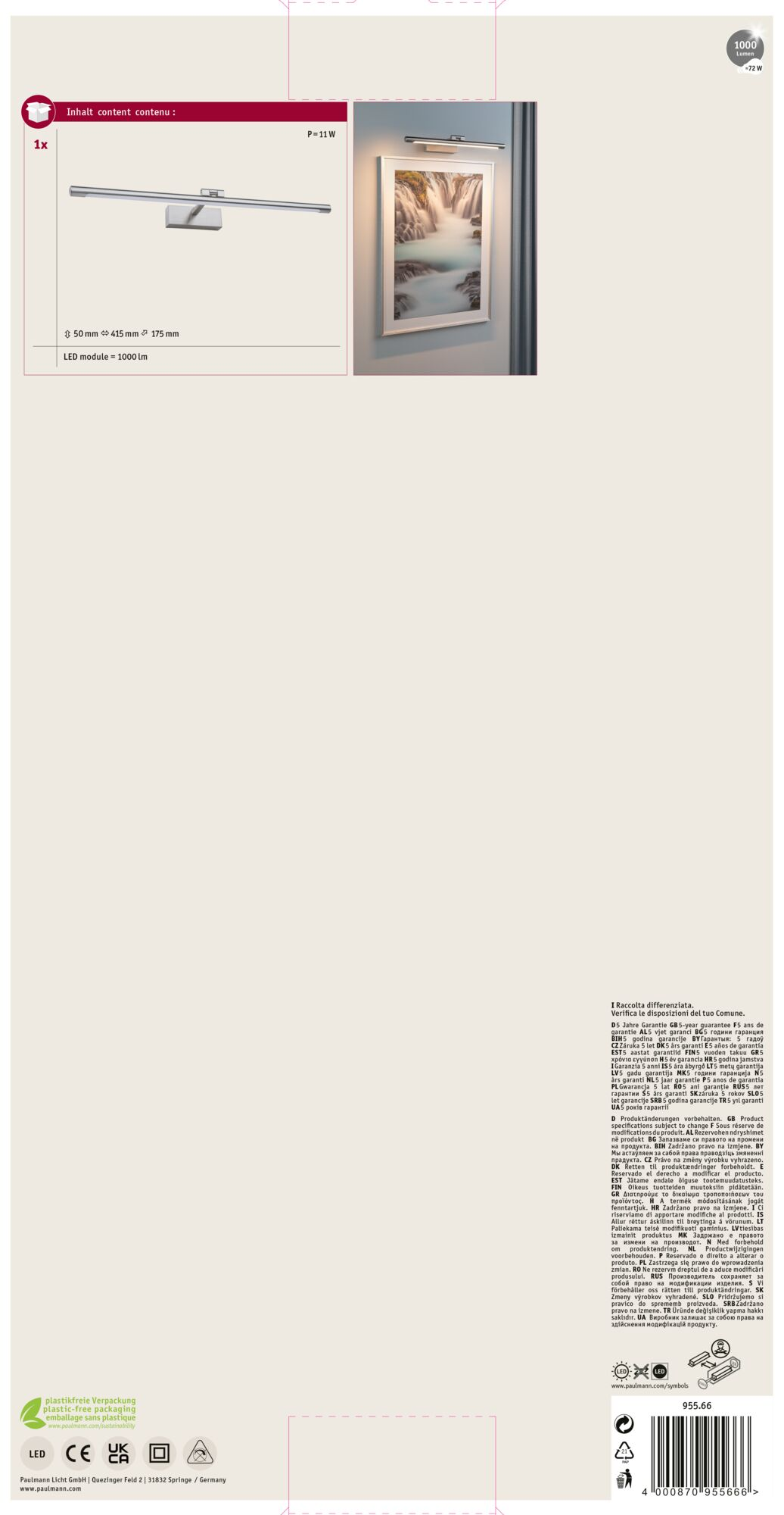 Nowoczesna lampa ścienna LED oświetla oprawiony obraz wodospadu.