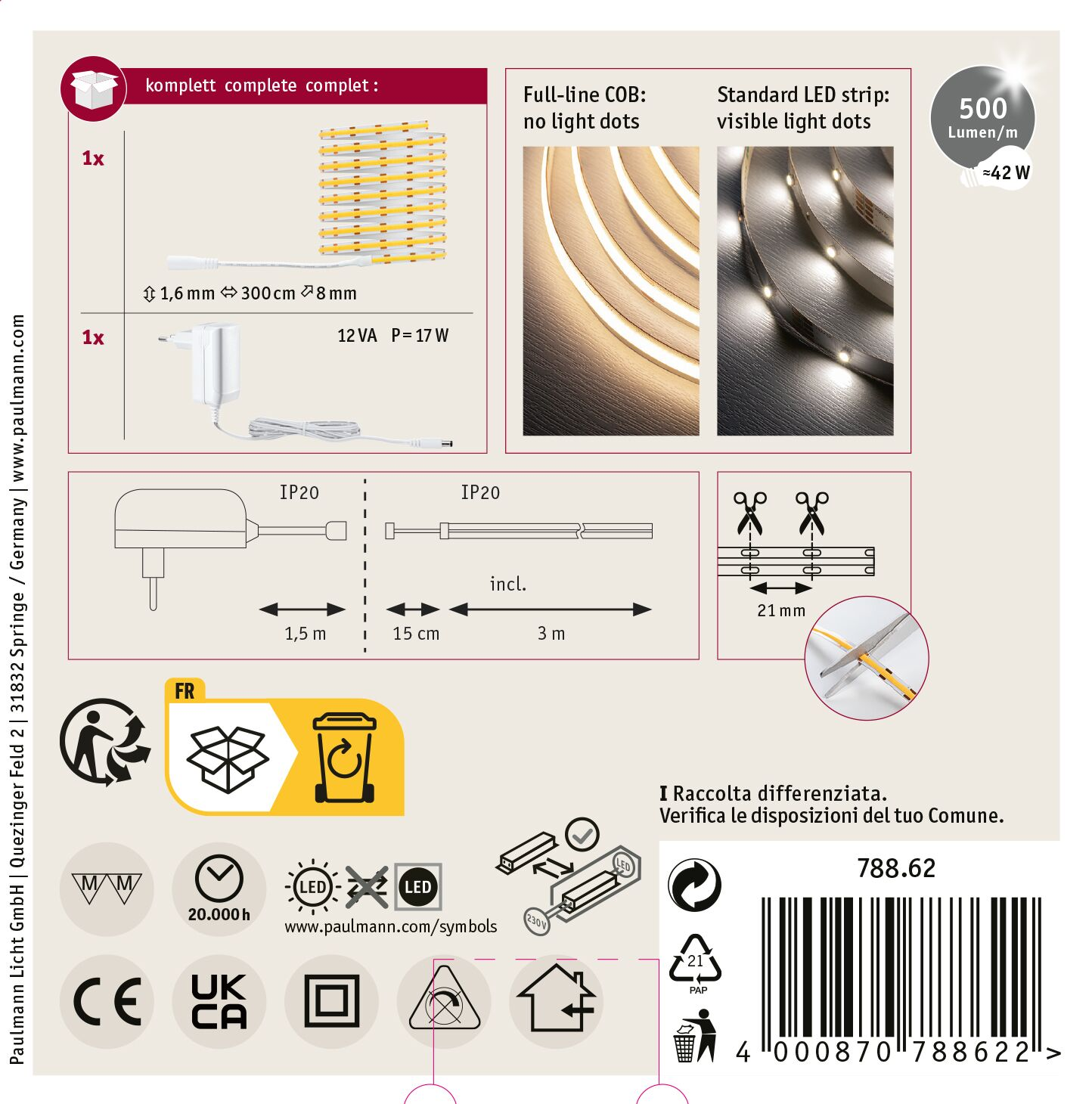 Schemat pokazujący komponenty paska LED, w tym zasilacz i paski świetlne, z różnymi specyfikacjami i symbolami.