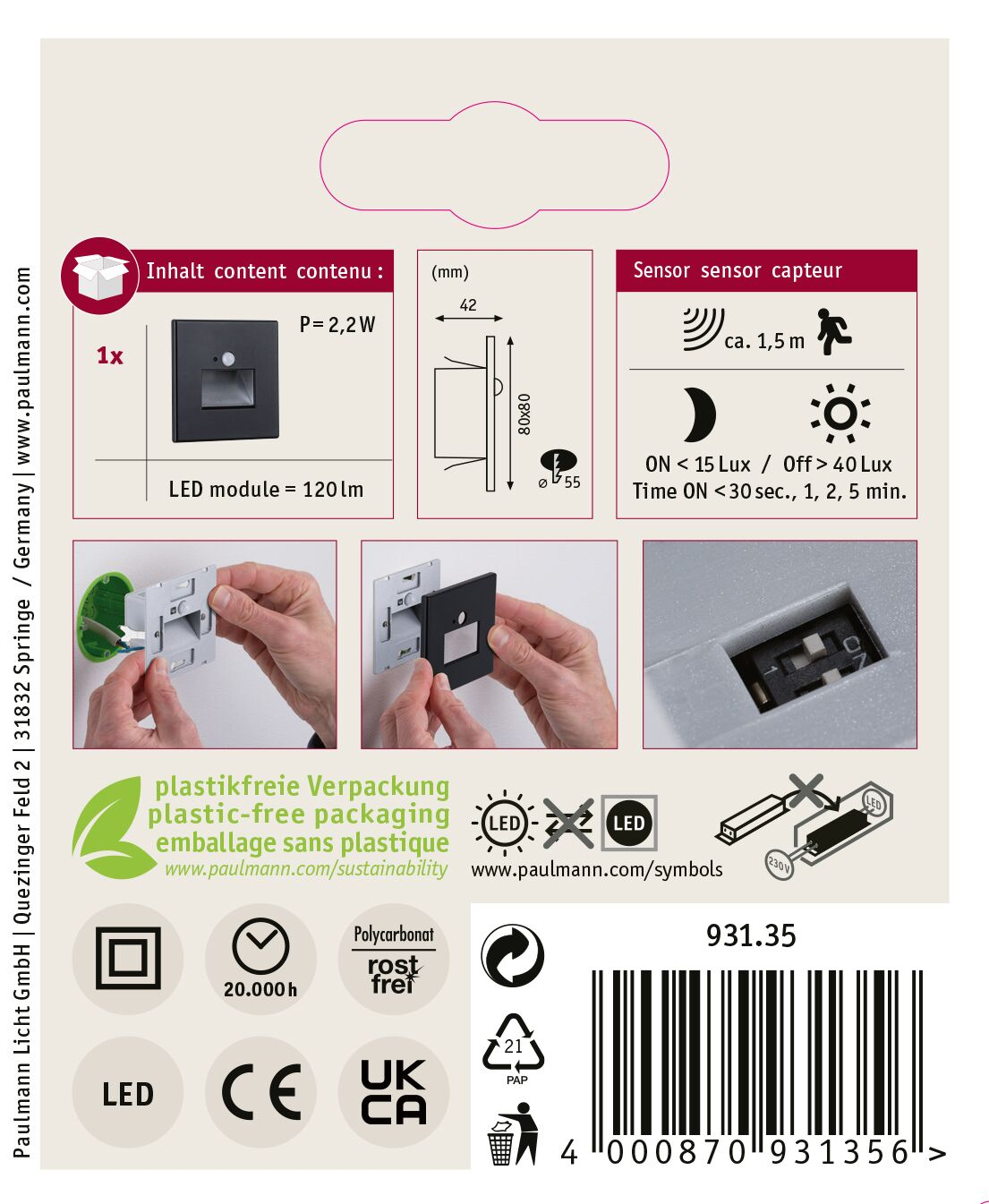Confezione del prodotto con luce LED nera, disegni tecnici e vari simboli con specifiche.