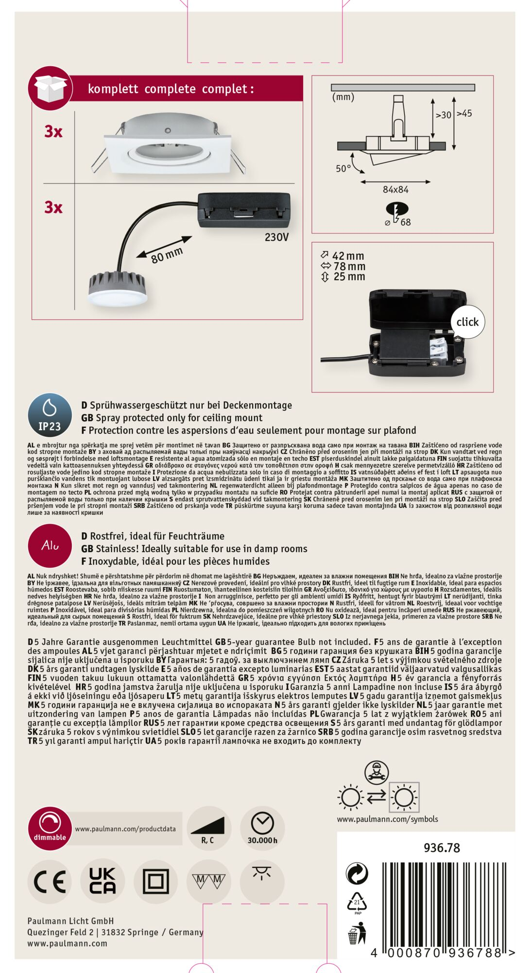 Apparecchio a incasso bianco, dimensioni e informazioni sul prodotto visualizzate.
