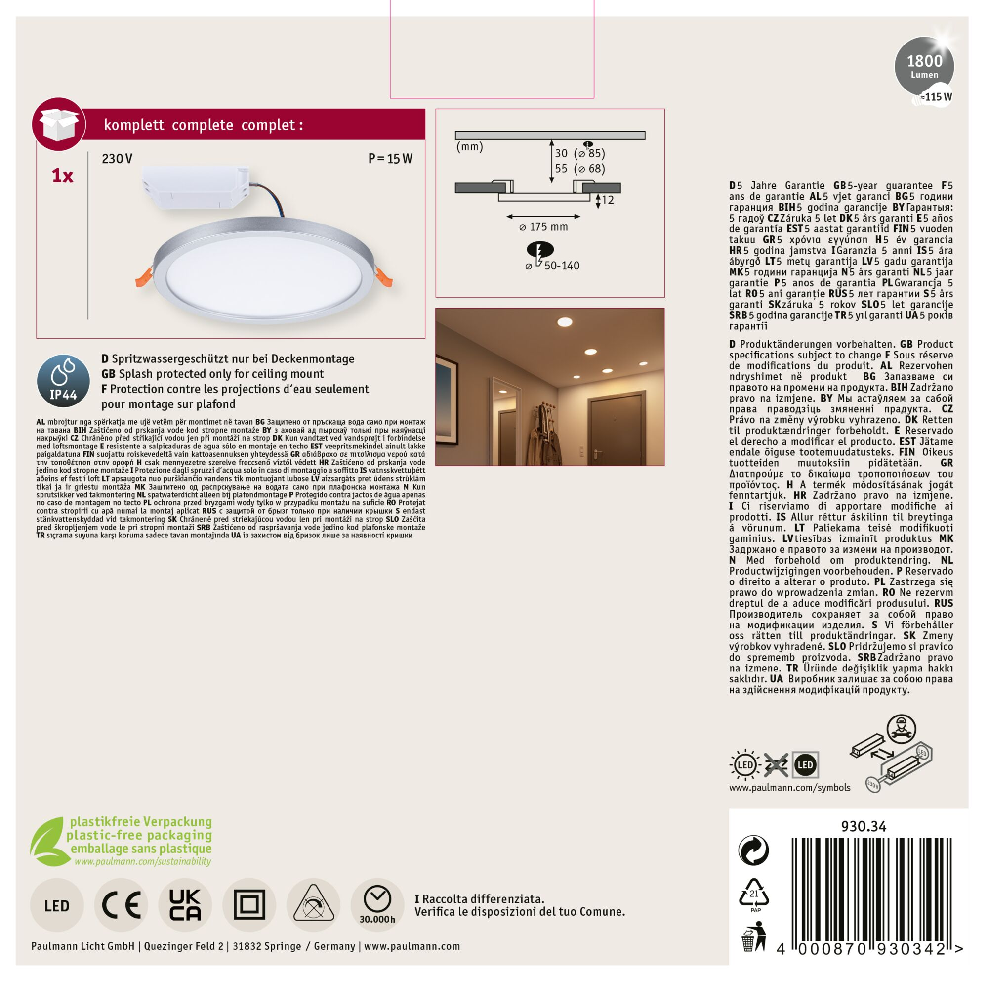 Runde Deckenleuchte, weißes Licht. Produktinformationen und Spezifikationen sind im Bild dargestellt.