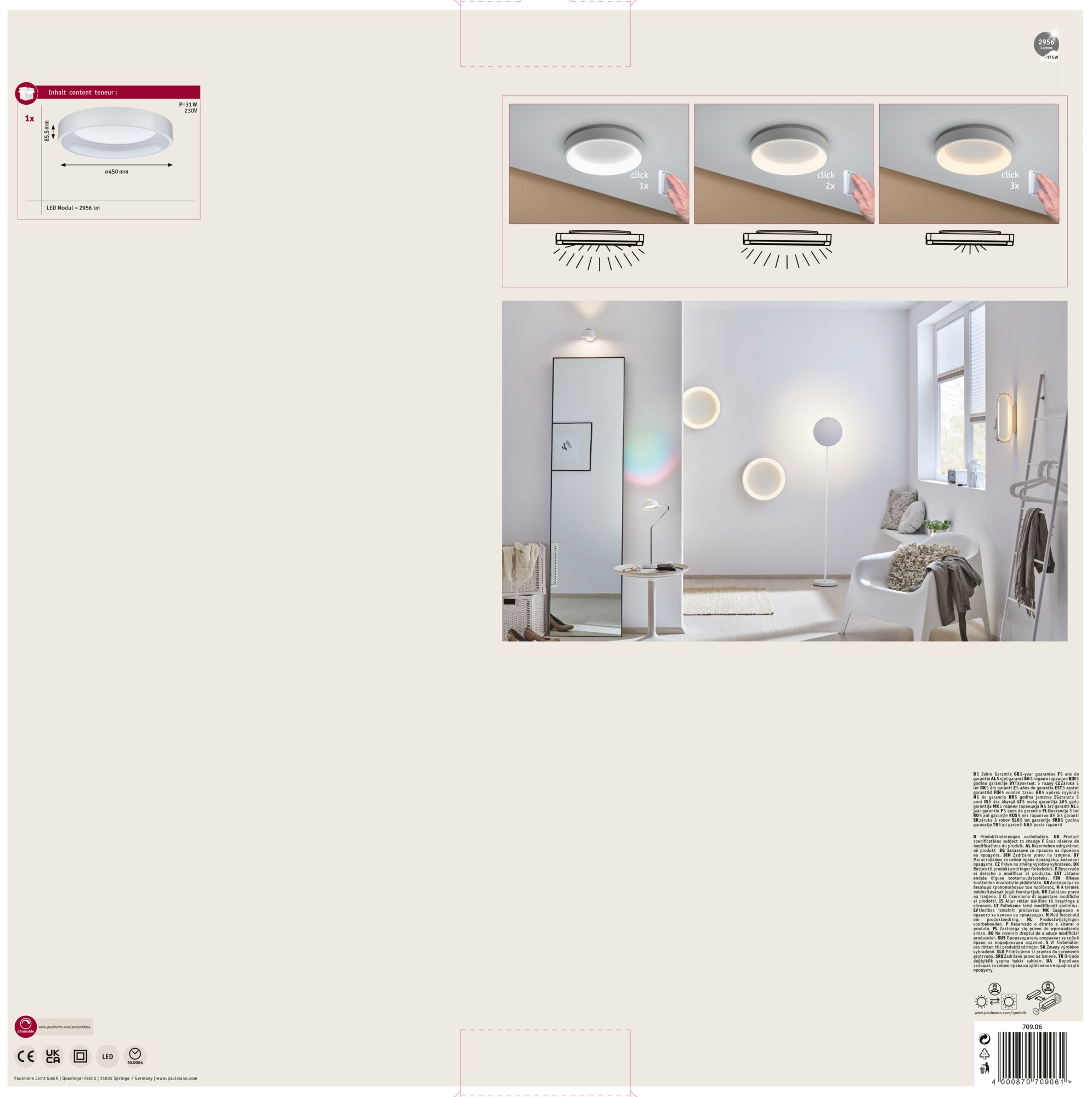 Obraz przedstawia okrągłą oprawę oświetleniową z diagramem włączania i wyłączania.