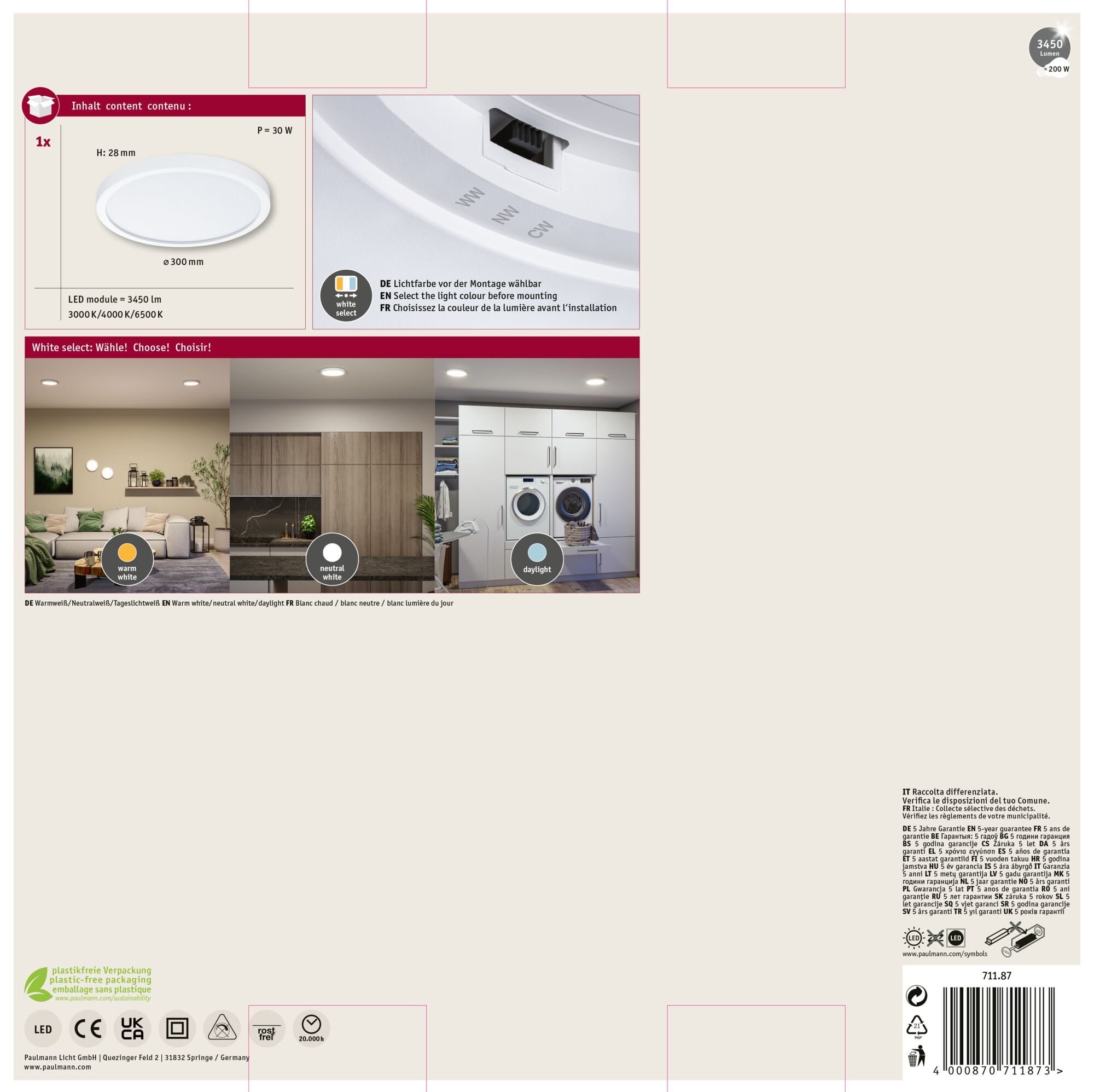 Produktverpackung mit weißem LED-Licht, Text und Symbolen, einschließlich Recycling-Symbol und Garantieangaben.