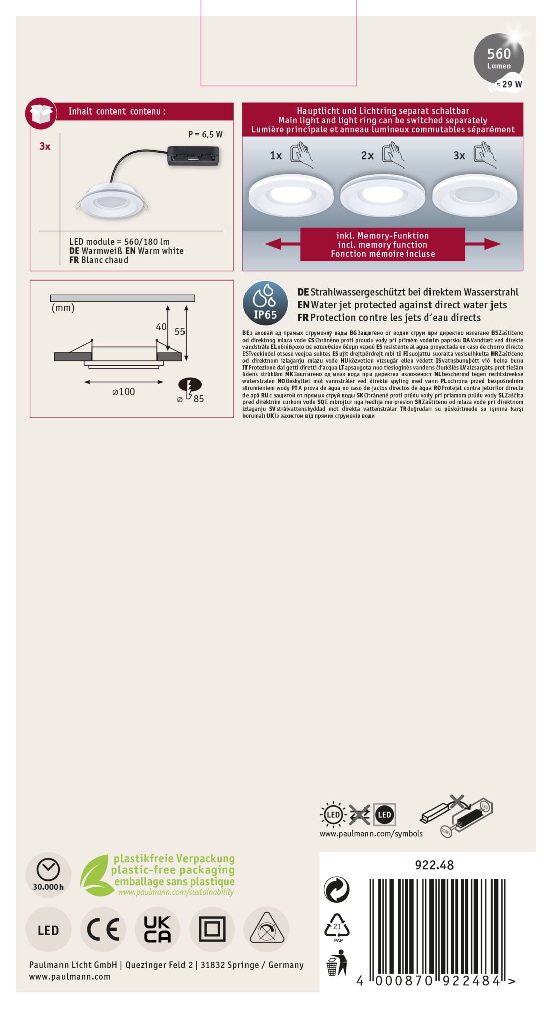 Produktetikett mit Text und Diagrammen. Enthält LED-Modul-Spezifikationen, IP65-Bewertung und Verpackungsinformationen.
