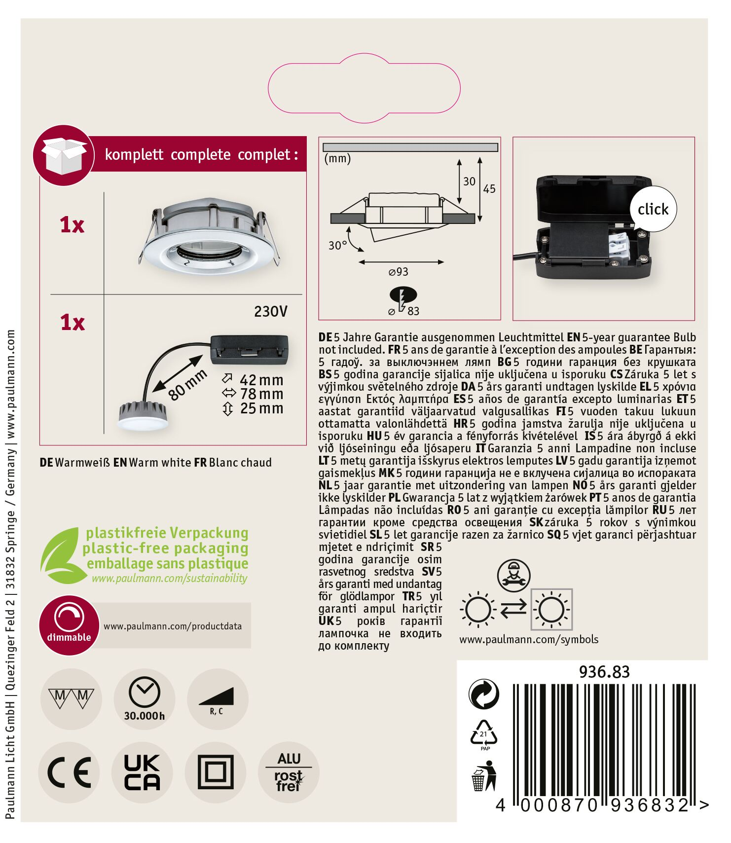 Eine weiße Einbauleuchte mit Produktinformationen, Maßen und einem Garantiehinweis.