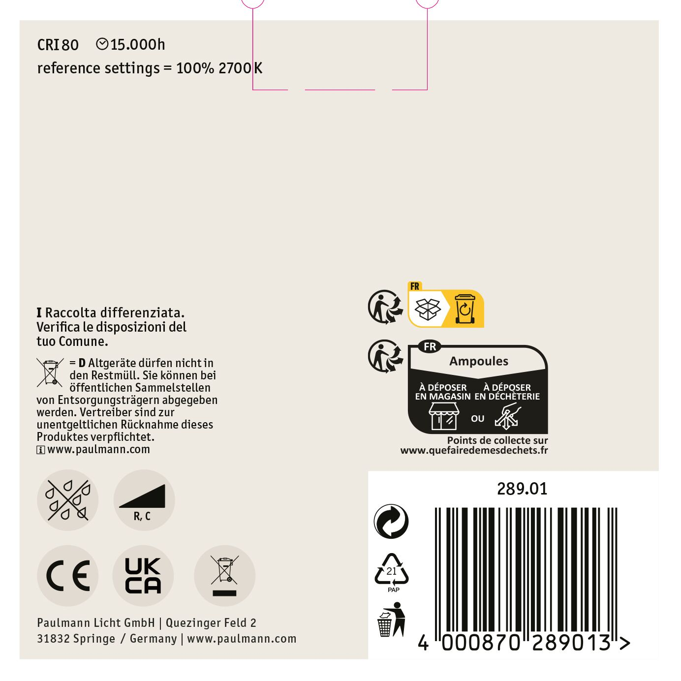 Informacje o produkcie z tekstem, ikonami i kodem kreskowym. Zawiera instrukcje dotyczące utylizacji, znak CE i kod kreskowy z numerem 289.01.