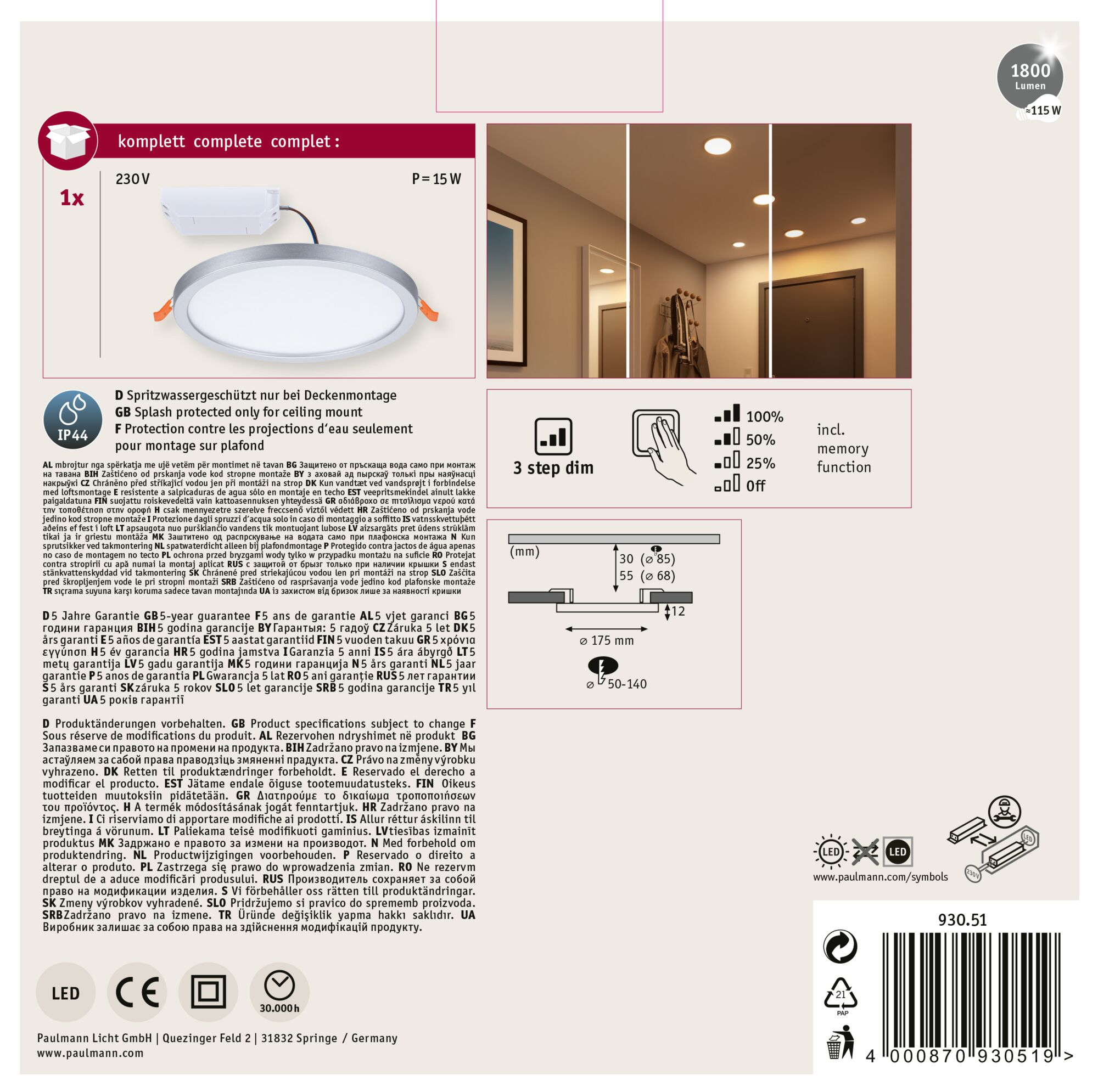 Eine weiße LED-Deckenleuchte mit Text und einer Diagramm mit Abmessungen.