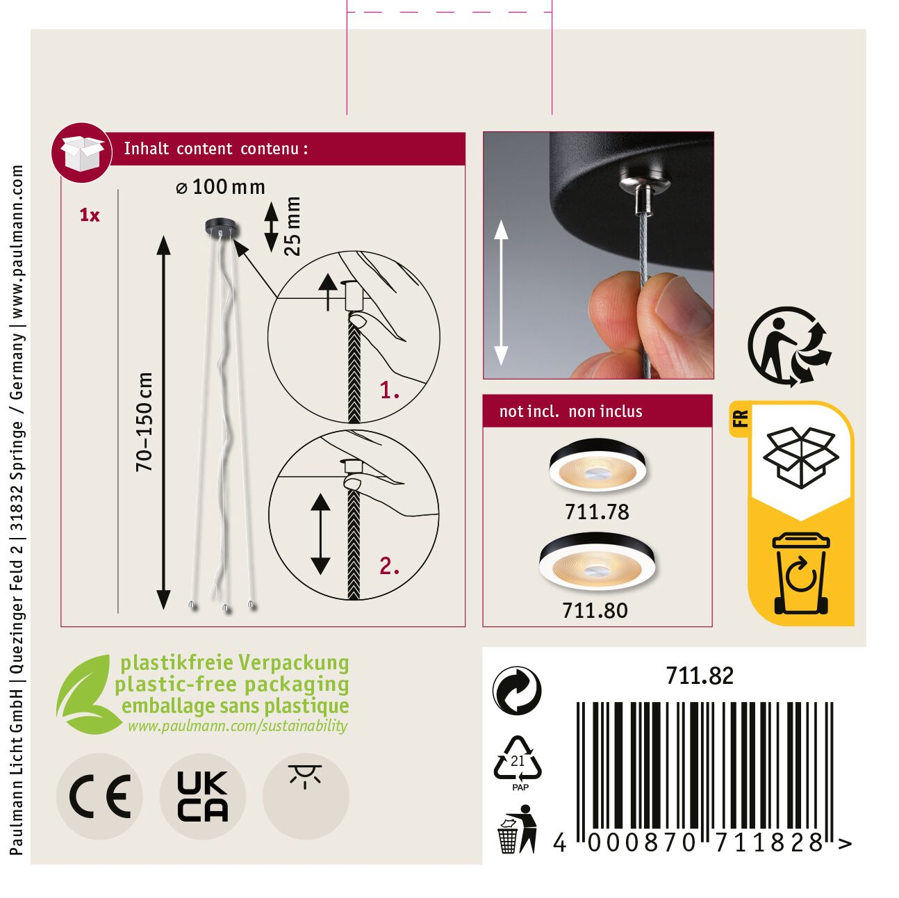 Diagramm zeigt Produktkomponenten: Lampe, Kabel und Anweisungen. Details umfassen Abmessungen, ein Recycling-Symbol und einen Barcode.